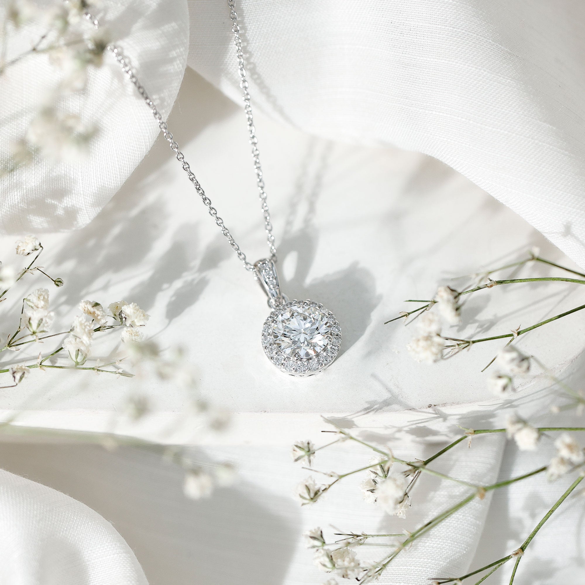 Round Moissanite Classic Halo Pendant Necklace D-VS1 - Rosec Jewels