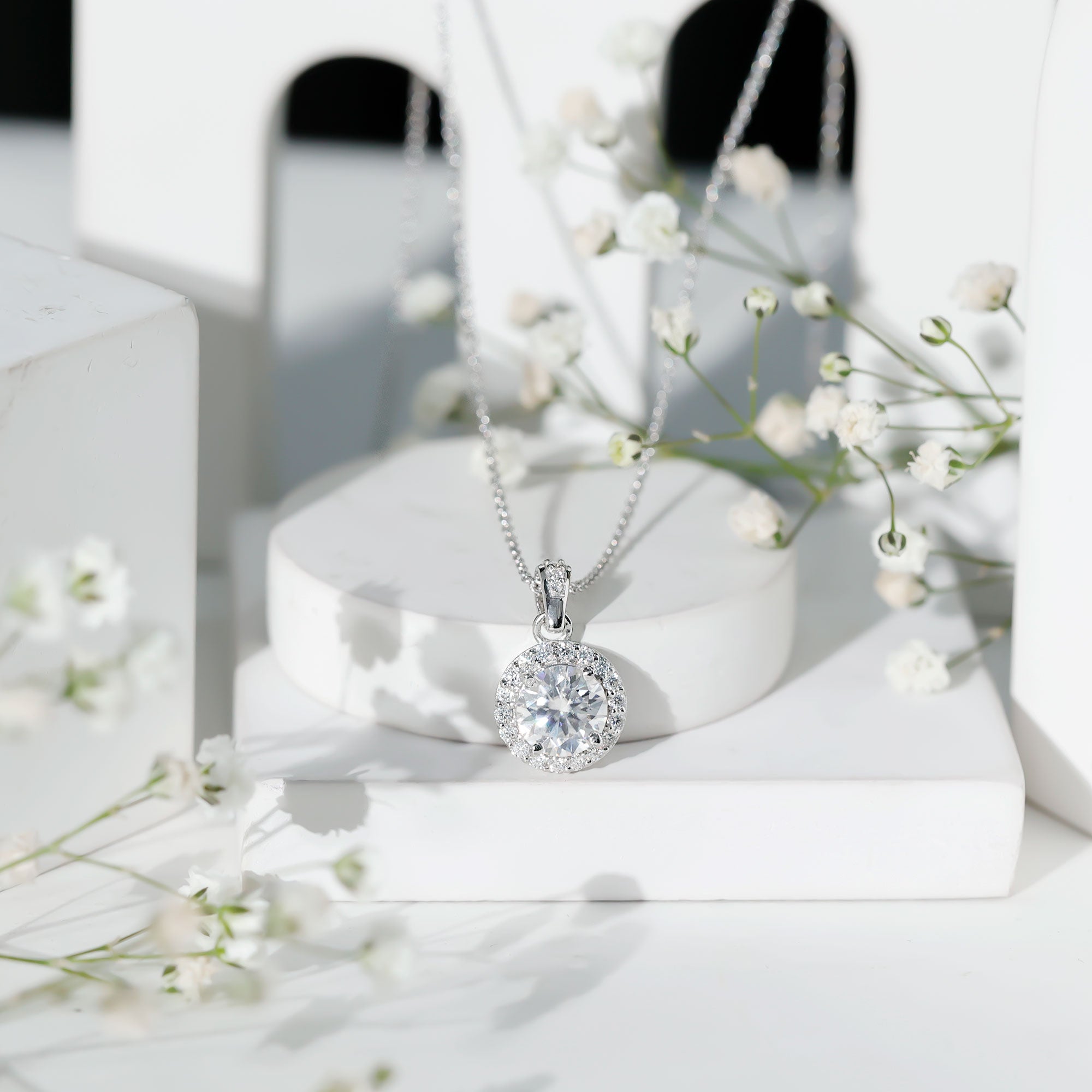 Round Moissanite Classic Halo Pendant Necklace D-VS1 - Rosec Jewels