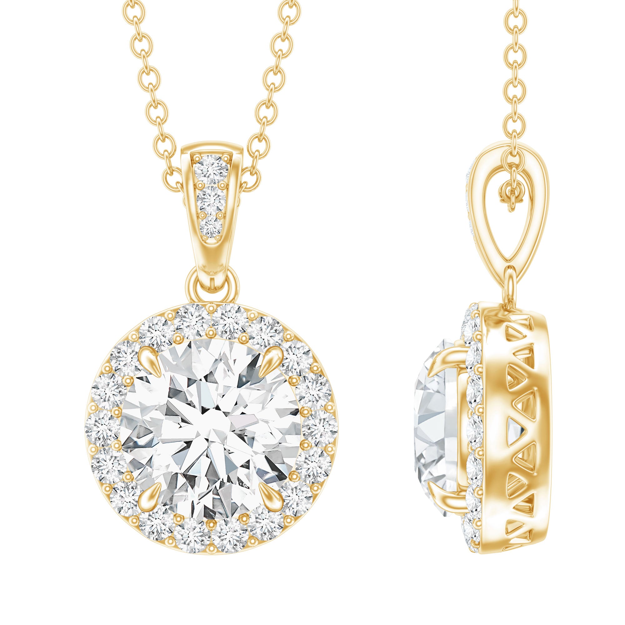 Round Moissanite Classic Halo Pendant Necklace D-VS1 - Rosec Jewels