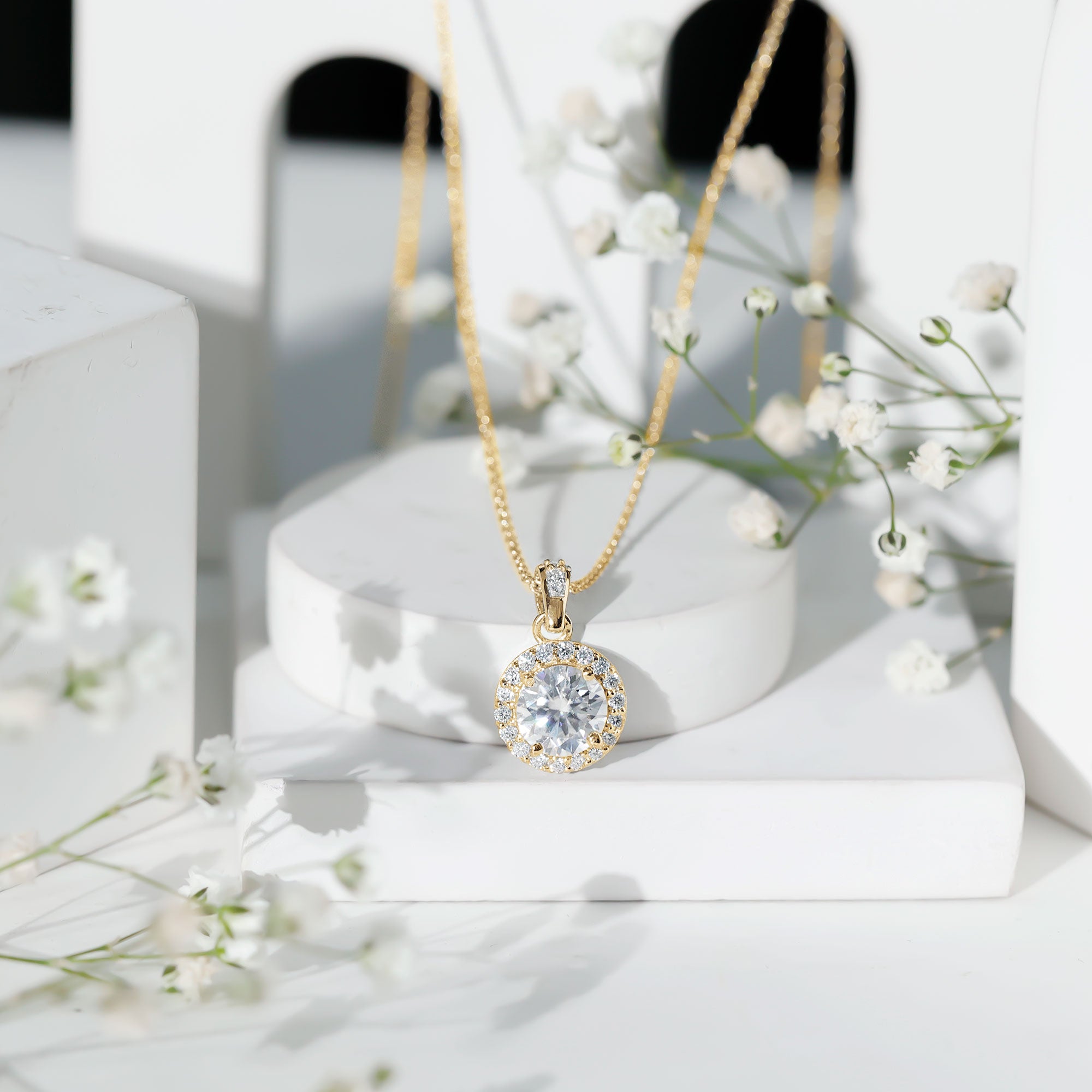 Round Moissanite Classic Halo Pendant Necklace D-VS1 - Rosec Jewels