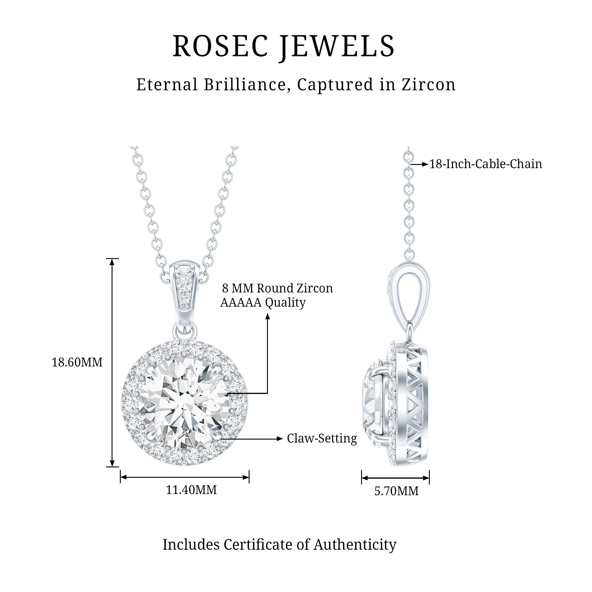 Round Cubic Zirconia Classic Halo Pendant AAAAA - Rosec Jewels