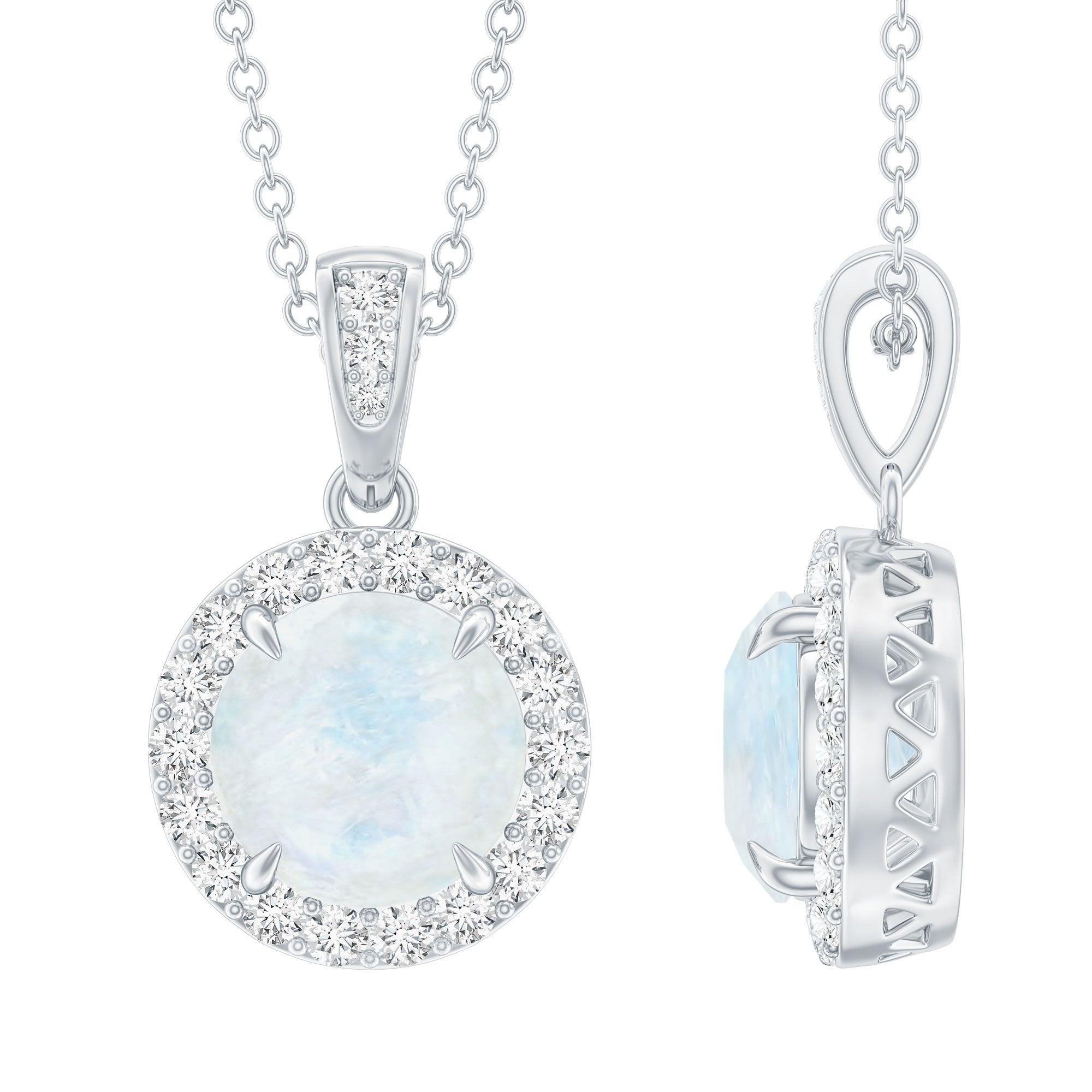 Claw Set 0.85 Carat Round Moonstone and Diamond Halo Pendant AAA - Rosec Jewels