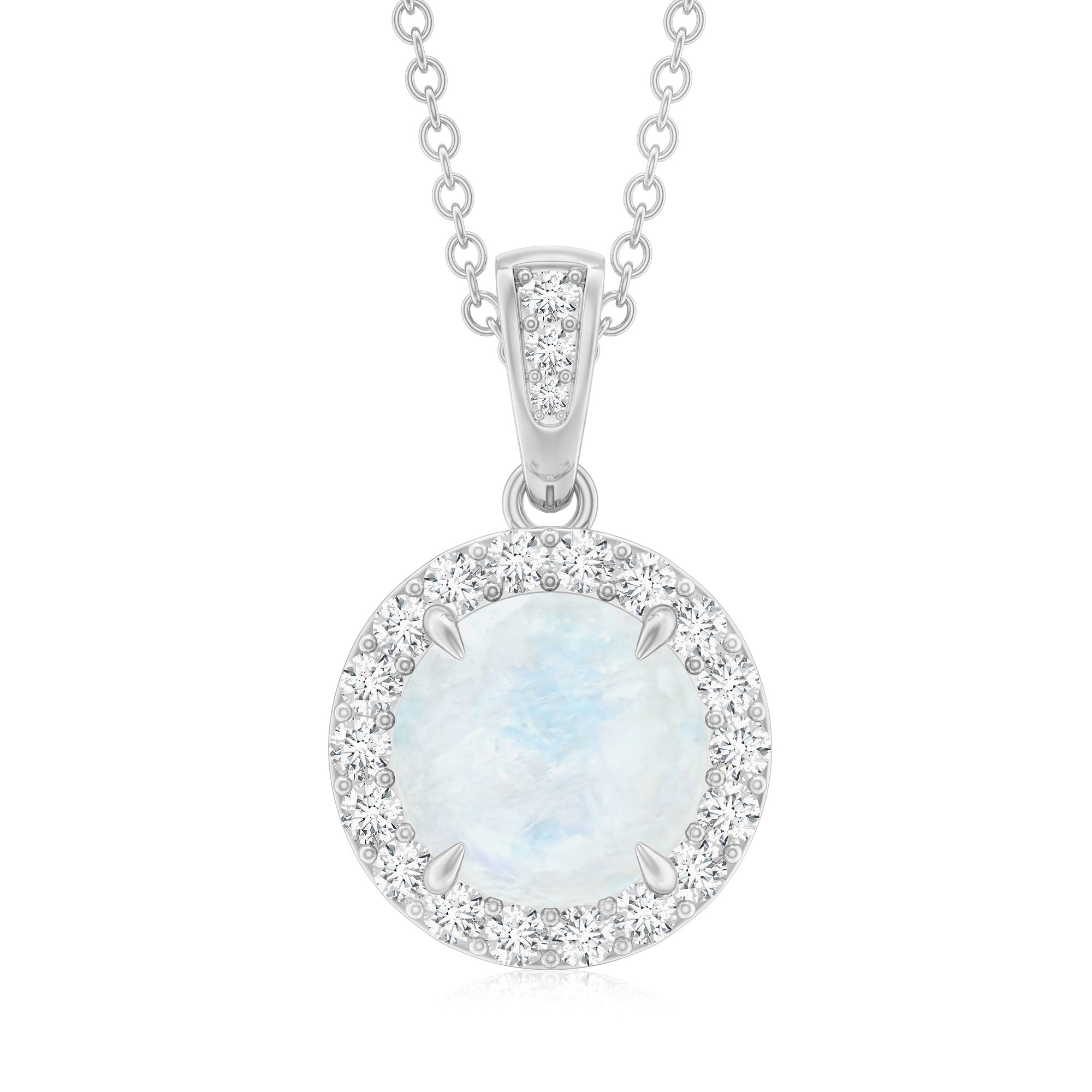 Claw Set 0.85 Carat Round Moonstone and Diamond Halo Pendant AAA - Rosec Jewels
