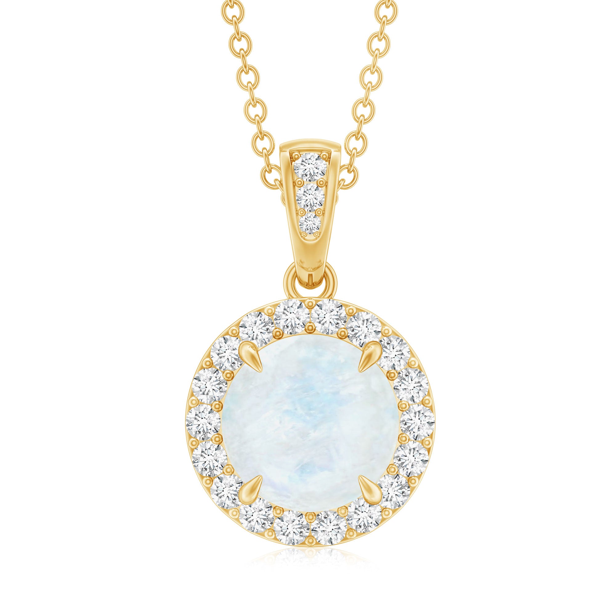 Claw Set 0.85 Carat Round Moonstone and Diamond Halo Pendant AAA - Rosec Jewels