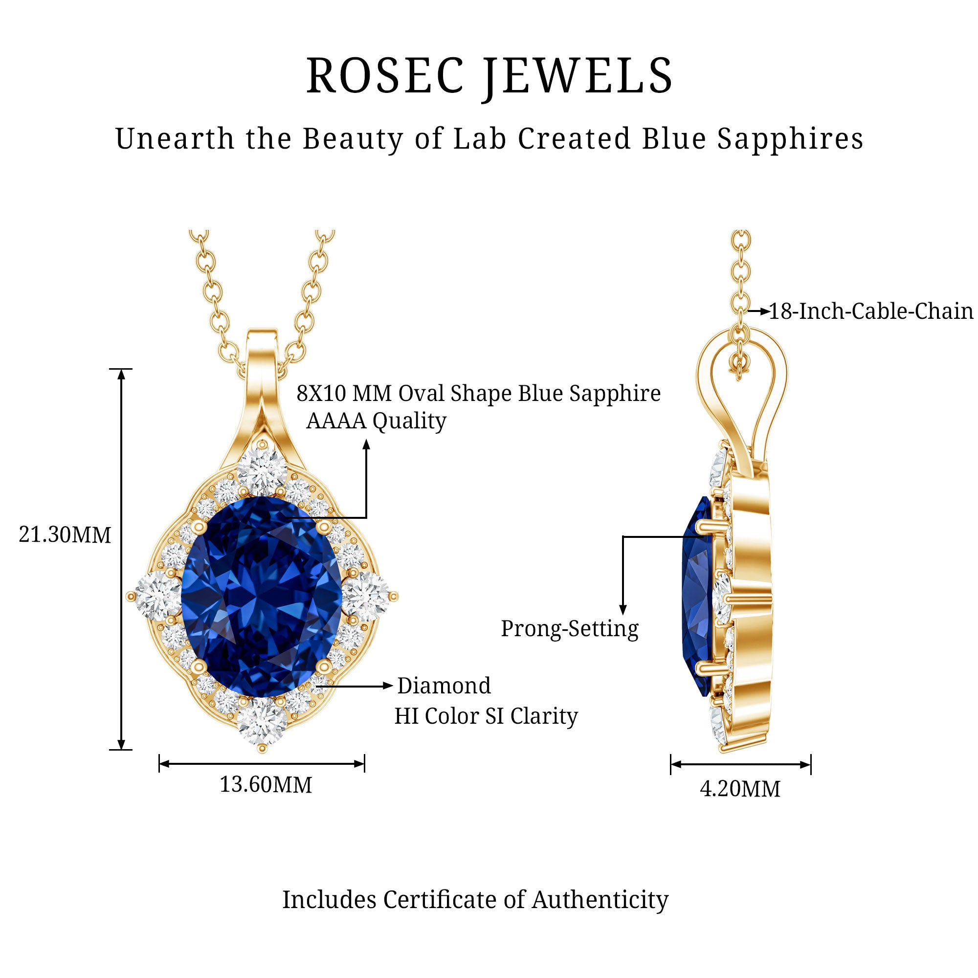 Lab Grown Blue Sapphire and Diamond Vintage Necklace AAAA - Rosec Jewels