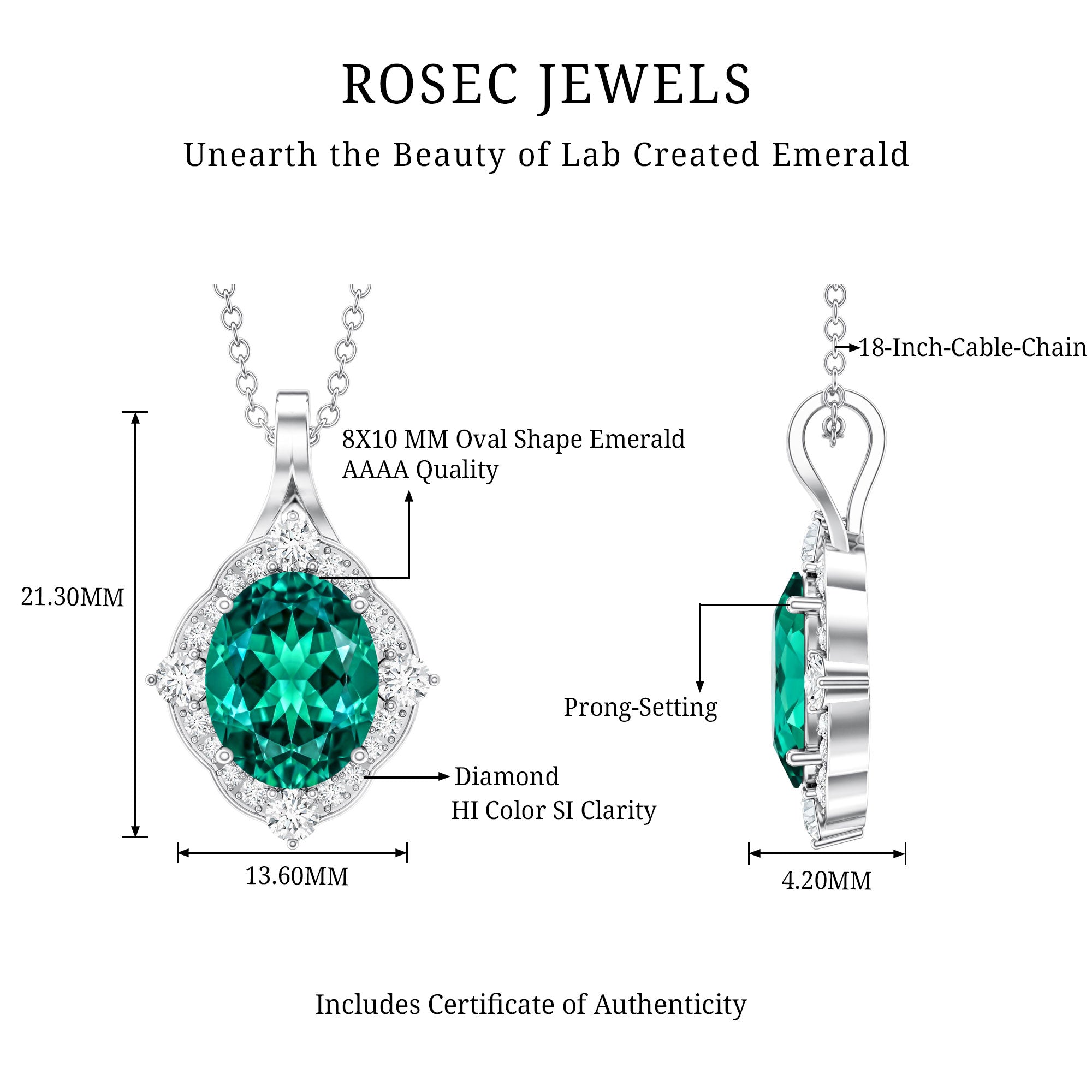 Certified 3 Carat Oval Lab Emerald and Diamond Vintage Necklace AAAA - Rosec Jewels