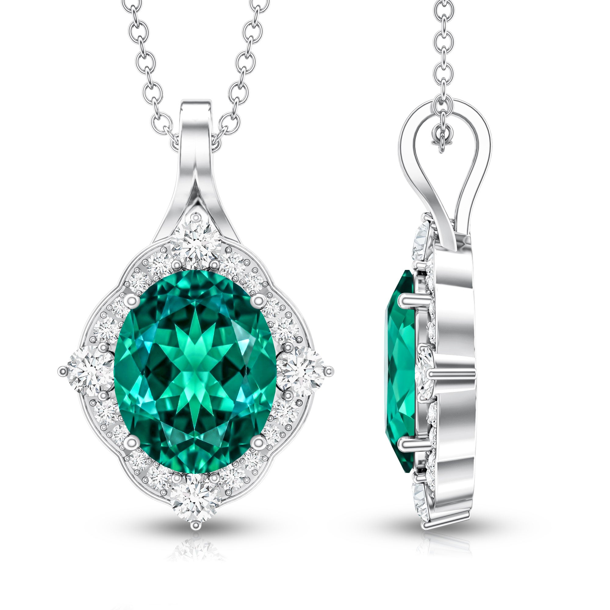 Certified 3 Carat Oval Lab Emerald and Diamond Vintage Necklace AAAA - Rosec Jewels