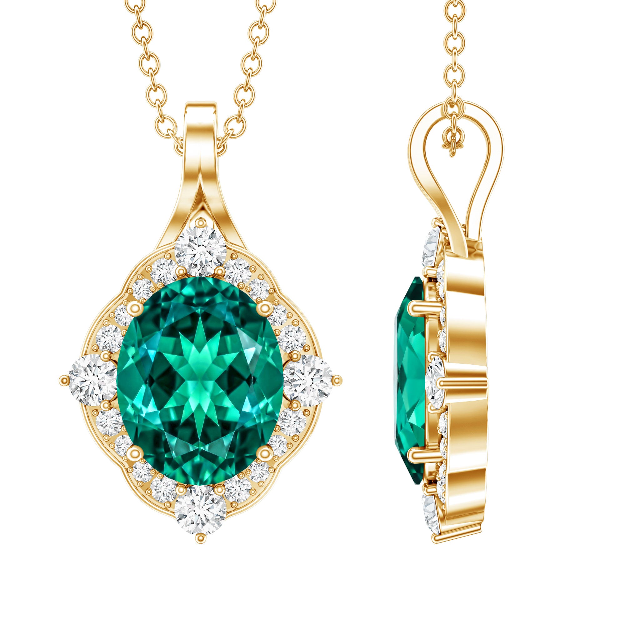 Certified 3 Carat Oval Lab Emerald and Diamond Vintage Necklace AAAA - Rosec Jewels