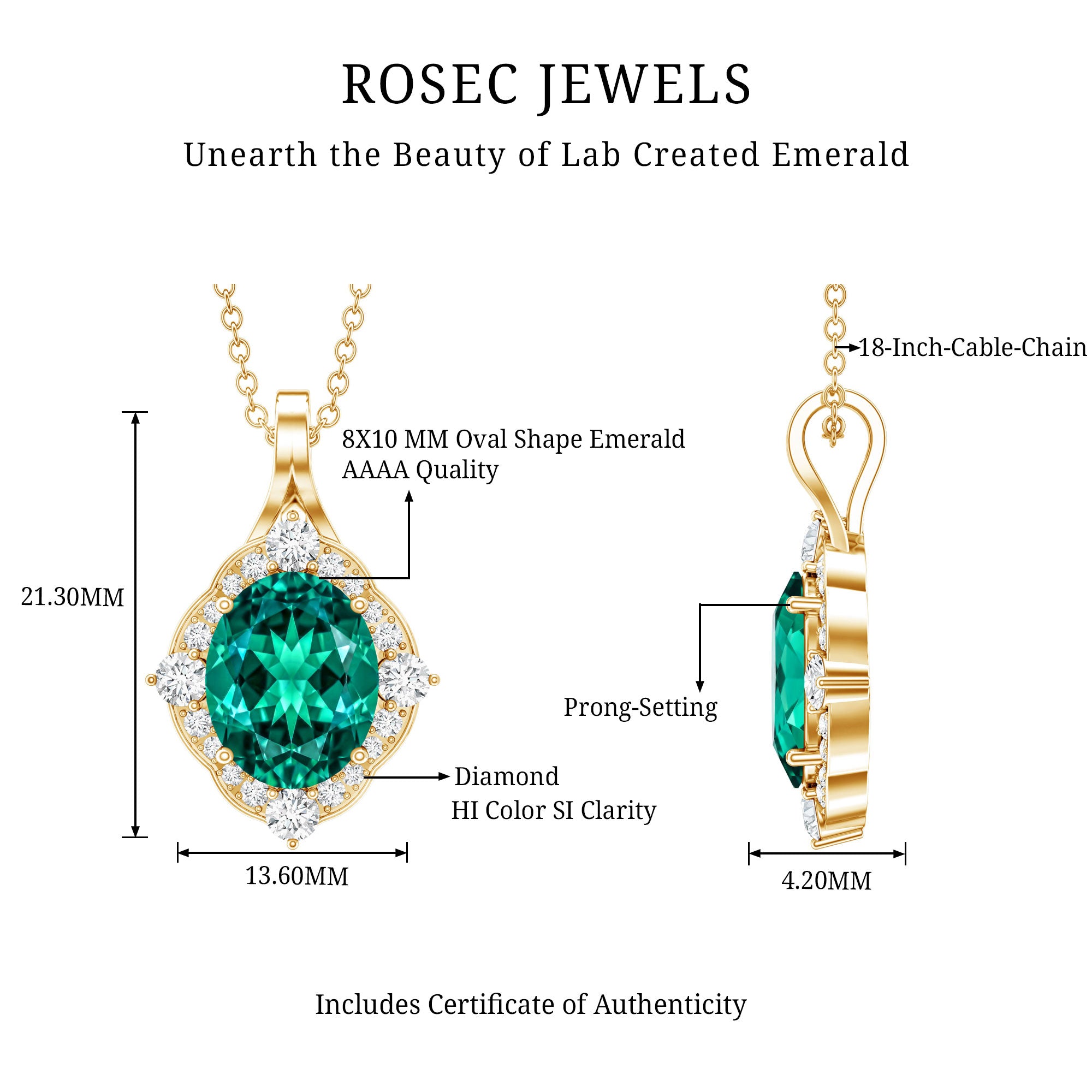 Certified 3 Carat Oval Lab Emerald and Diamond Vintage Necklace AAAA - Rosec Jewels