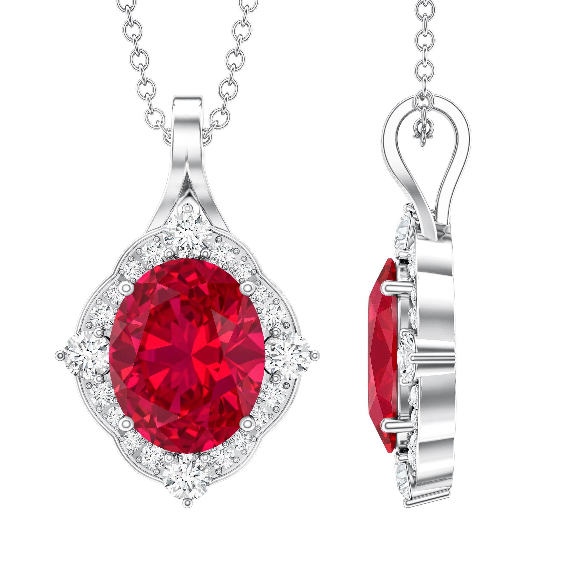 4 Carat Lab Grown Ruby Vintage Inspired Necklace with Diamond Halo AAAA - Rosec Jewels