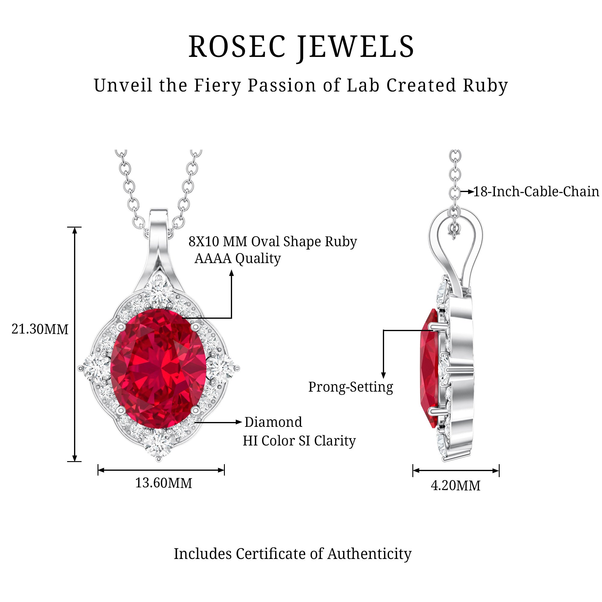 4 Carat Lab Grown Ruby Vintage Inspired Necklace with Diamond Halo AAAA - Rosec Jewels