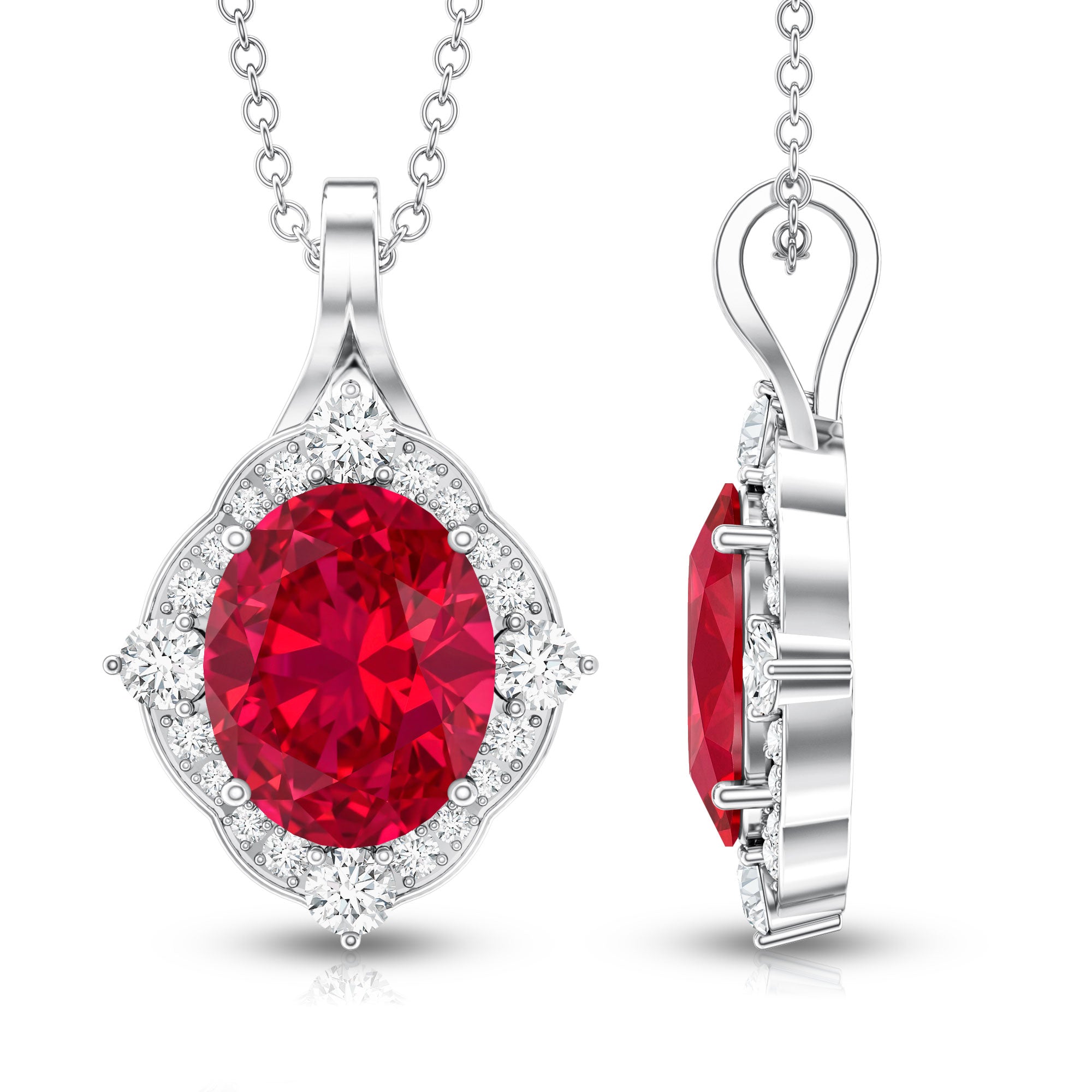 4 Carat Lab Grown Ruby Vintage Inspired Necklace with Diamond Halo AAAA - Rosec Jewels