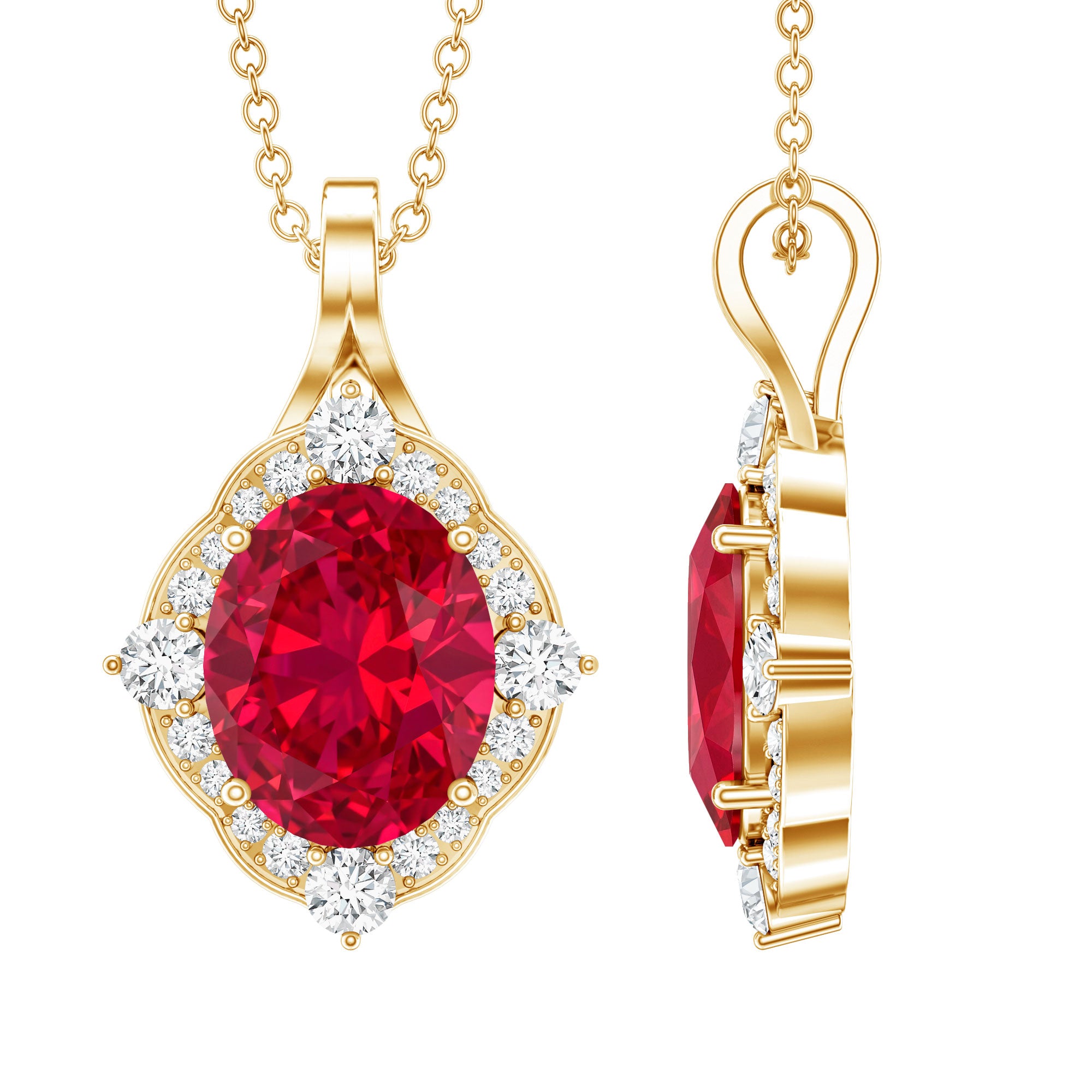 4 Carat Lab Grown Ruby Vintage Inspired Necklace with Diamond Halo AAAA - Rosec Jewels