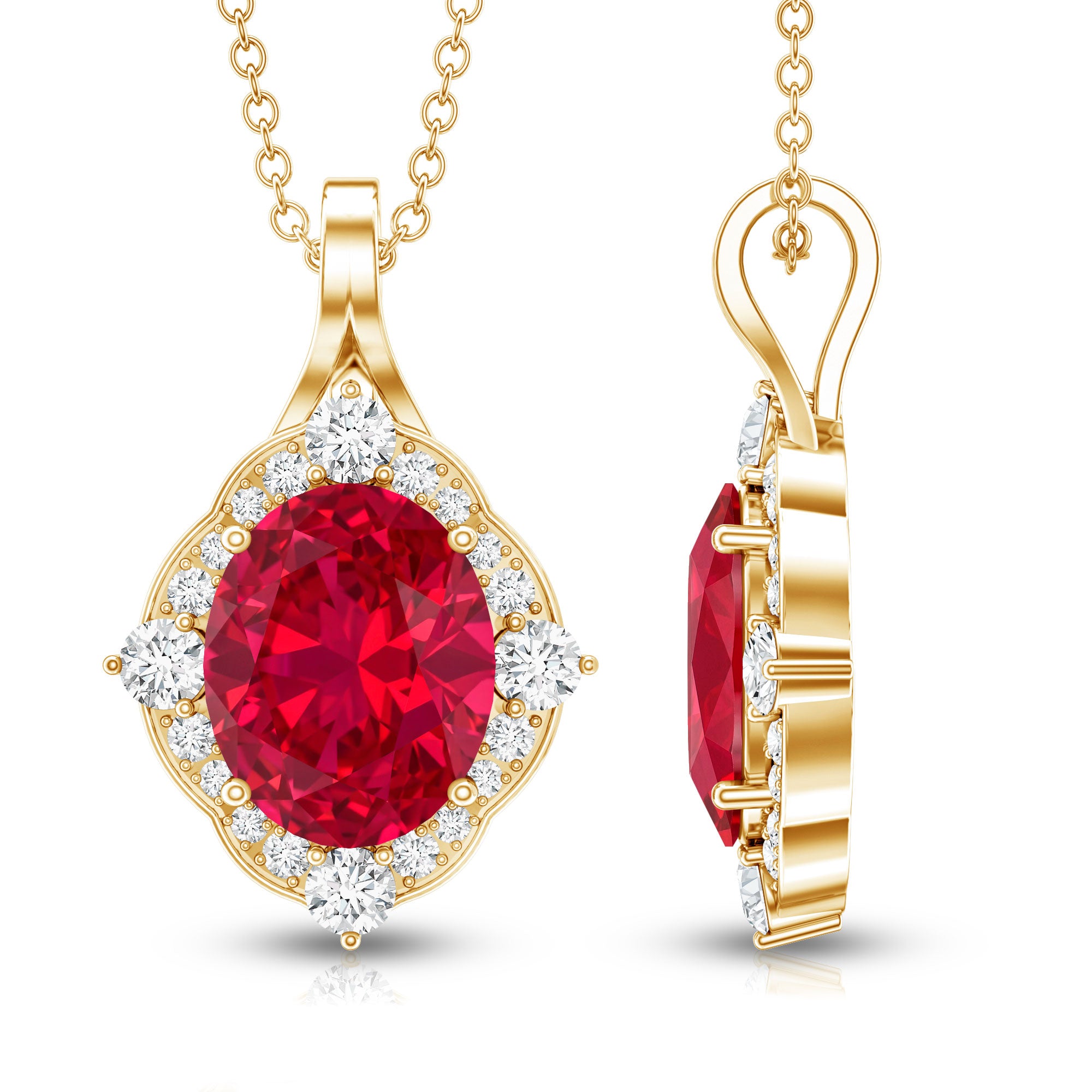 4 Carat Lab Grown Ruby Vintage Inspired Necklace with Diamond Halo AAAA - Rosec Jewels