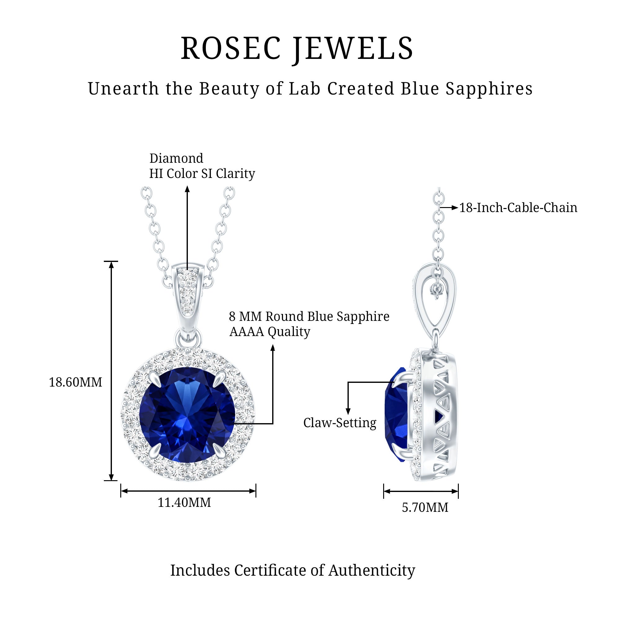 2.74 Carat Round Lab Created Blue Sapphire Halo Necklace with White Diamond AAAA - Rosec Jewels