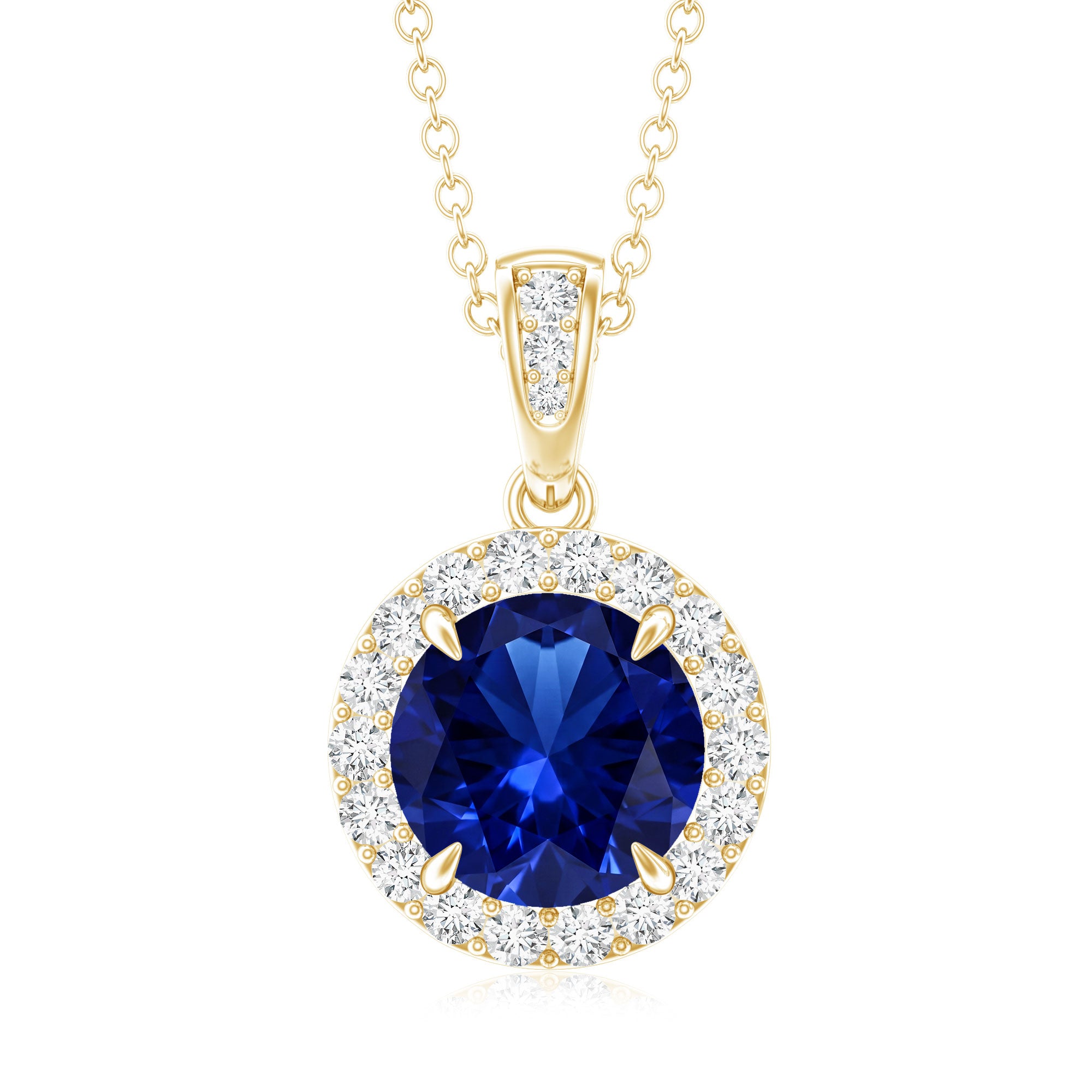 2.74 Carat Round Lab Created Blue Sapphire Halo Necklace with White Diamond AAAA - Rosec Jewels