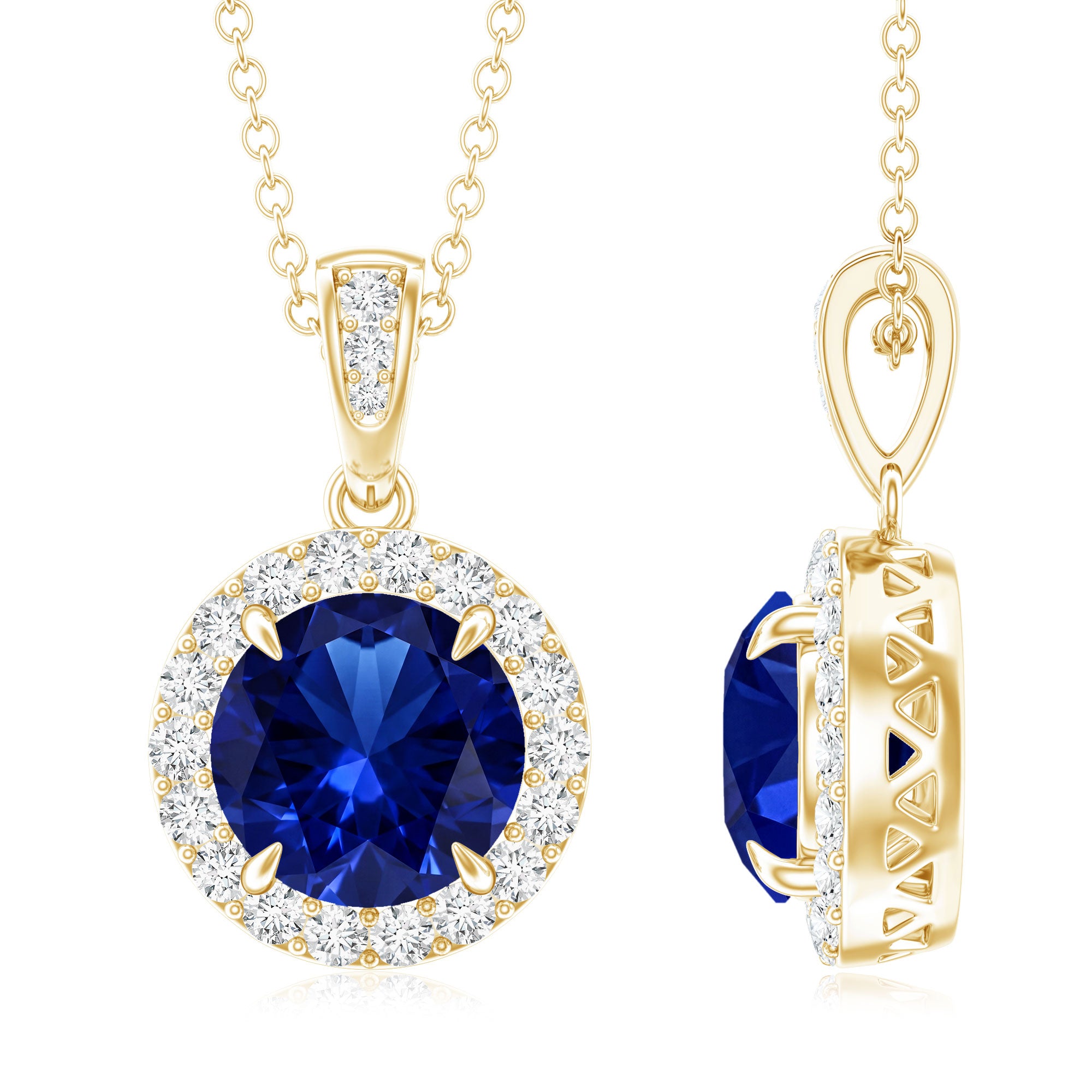 2.74 Carat Round Lab Created Blue Sapphire Halo Necklace with White Diamond AAAA - Rosec Jewels