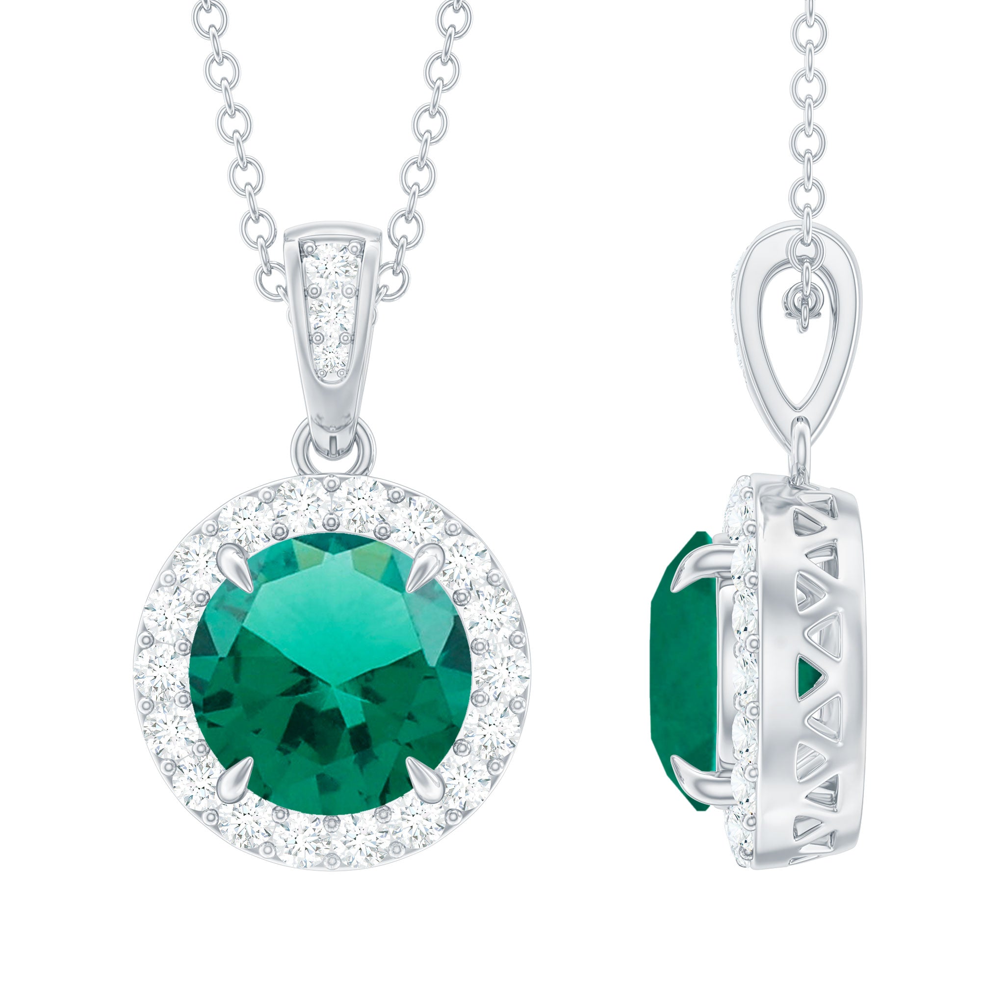 Round Cut Lab Grown Emerald Necklace With Moissanite Halo