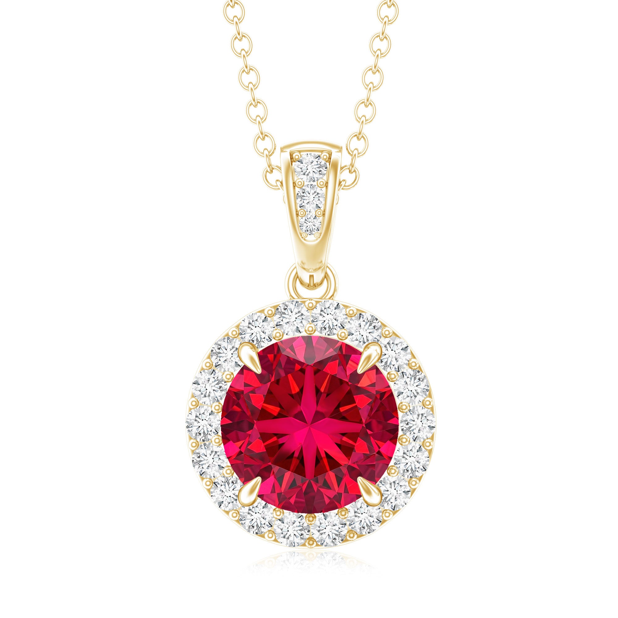 2.3 Carat Round Lab Created Ruby and Diamond Halo Pendant Necklace AAAA - Rosec Jewels