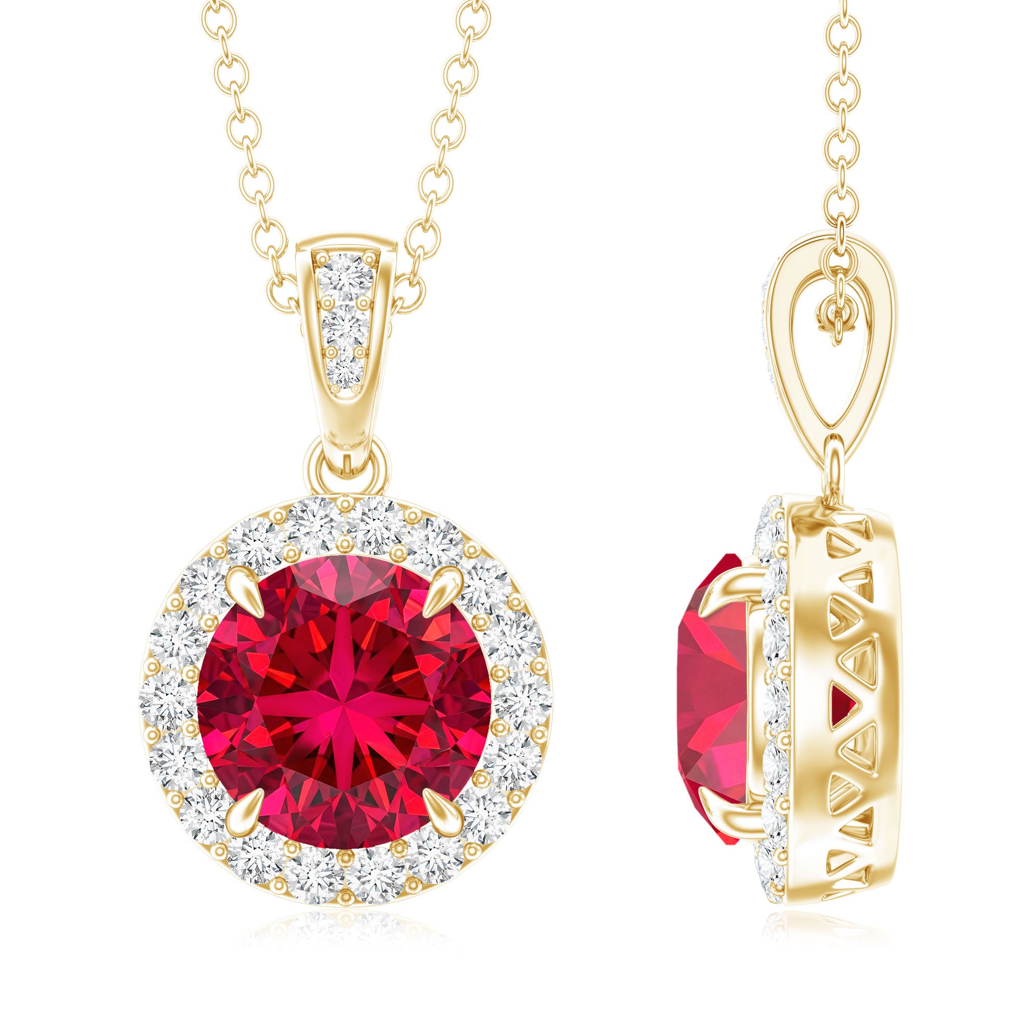 2.3 Carat Round Lab Created Ruby and Diamond Halo Pendant Necklace AAAA - Rosec Jewels