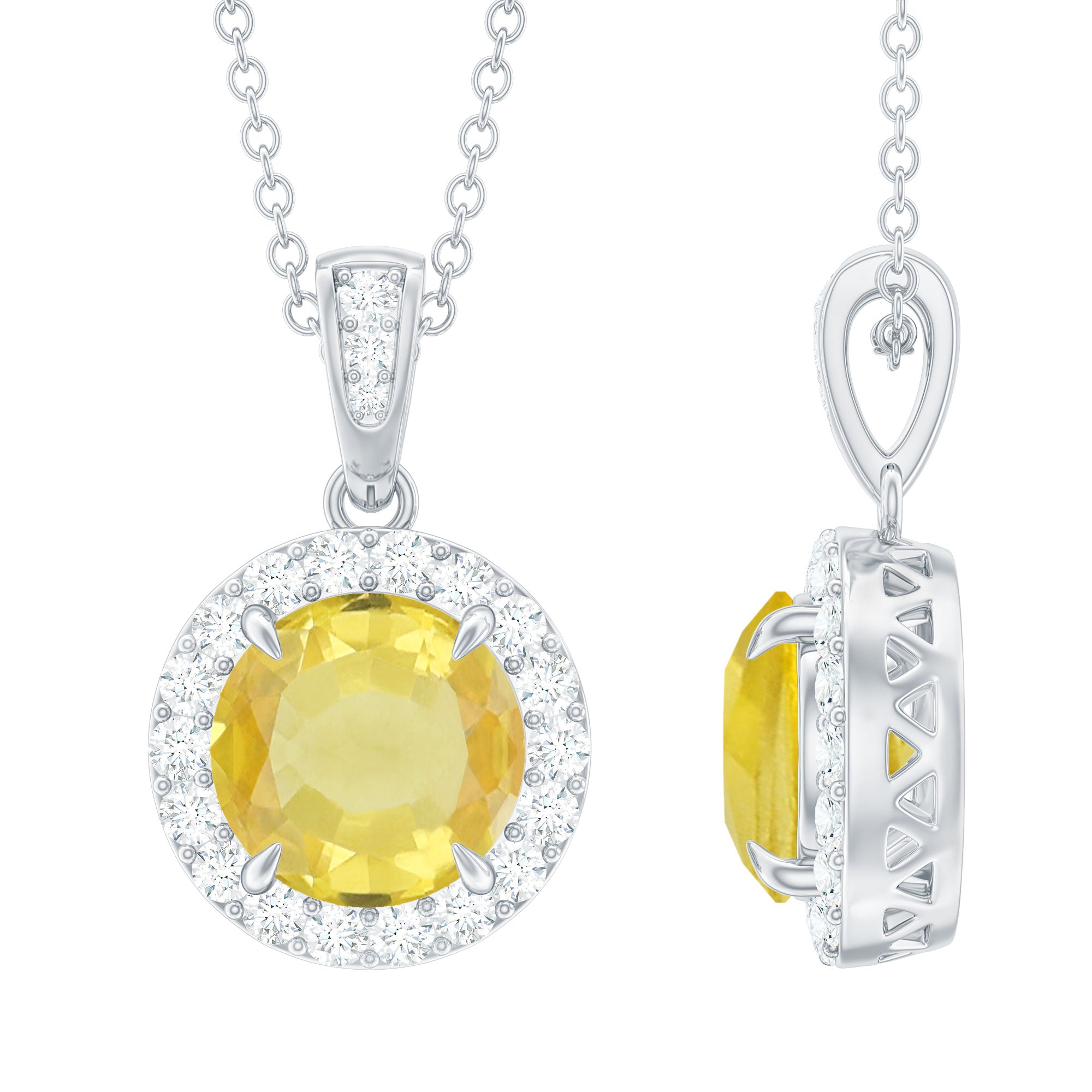 Lab-Created Yellow Sapphire Halo Pendant with Diamond