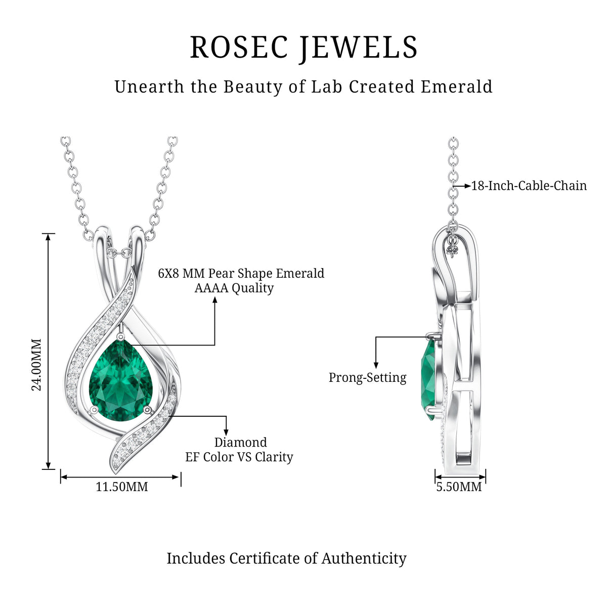1 Carat Pear Cut Lab Created Emerald Teardrop Pendant with Diamond AAAA - Rosec Jewels