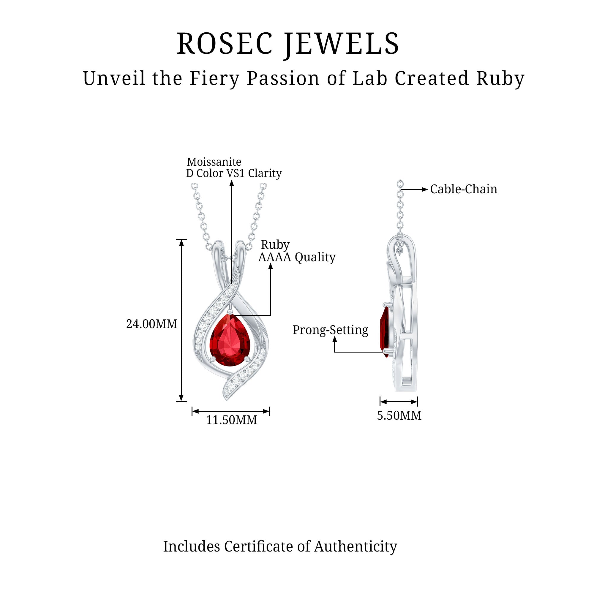 1 Carat Lab Created Ruby Teardrop Pendant with Moissanite AAAA - Rosec Jewels