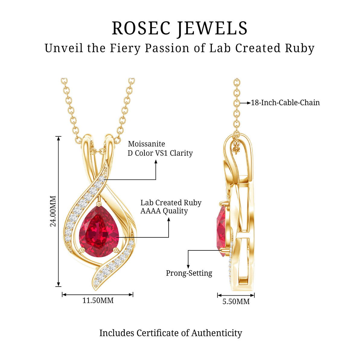 1 Carat Lab Created Ruby Teardrop Pendant with Moissanite AAAA - Rosec Jewels
