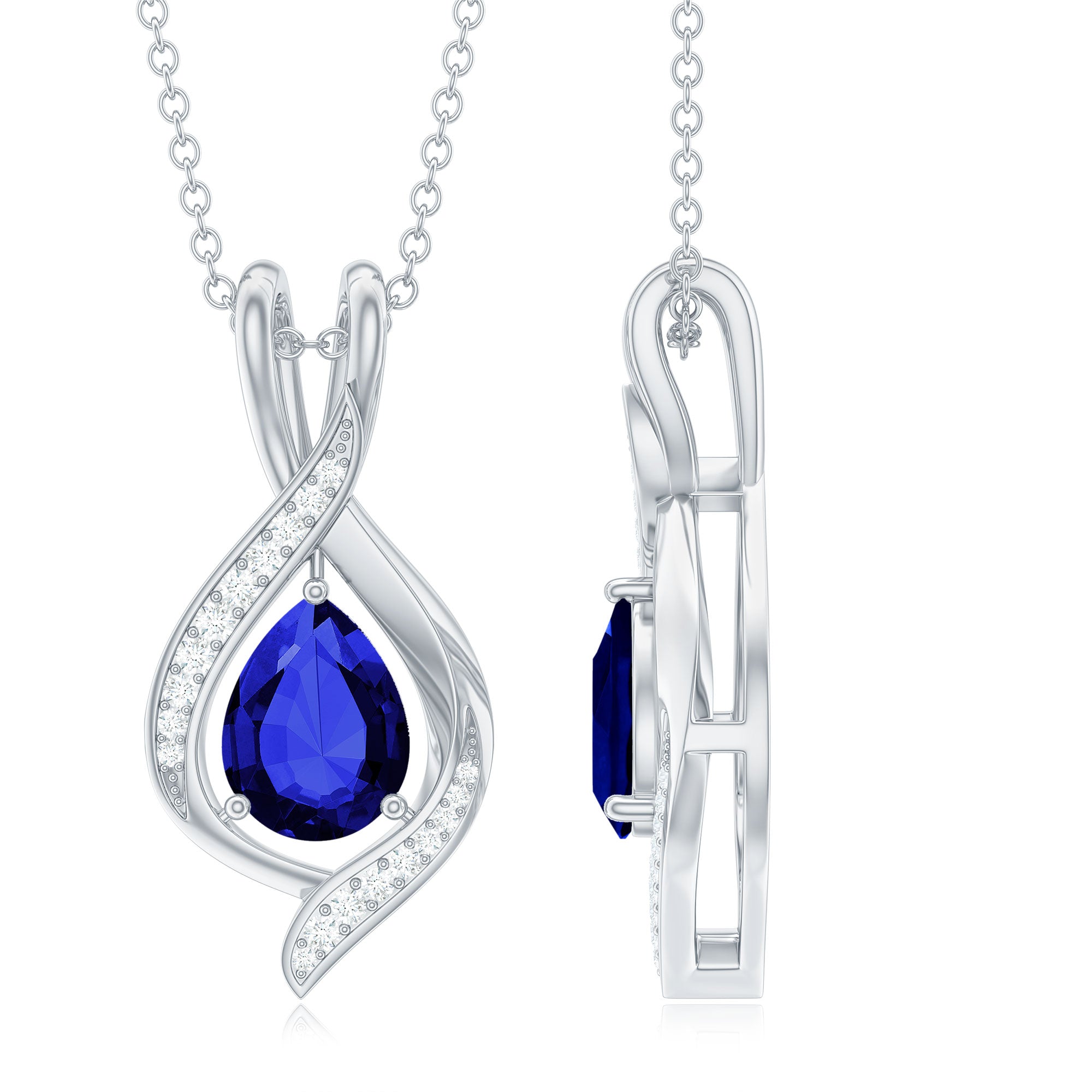 Lab Grown 6X8 MM Blue Sapphire Teardrop Pendant with Moissanite
