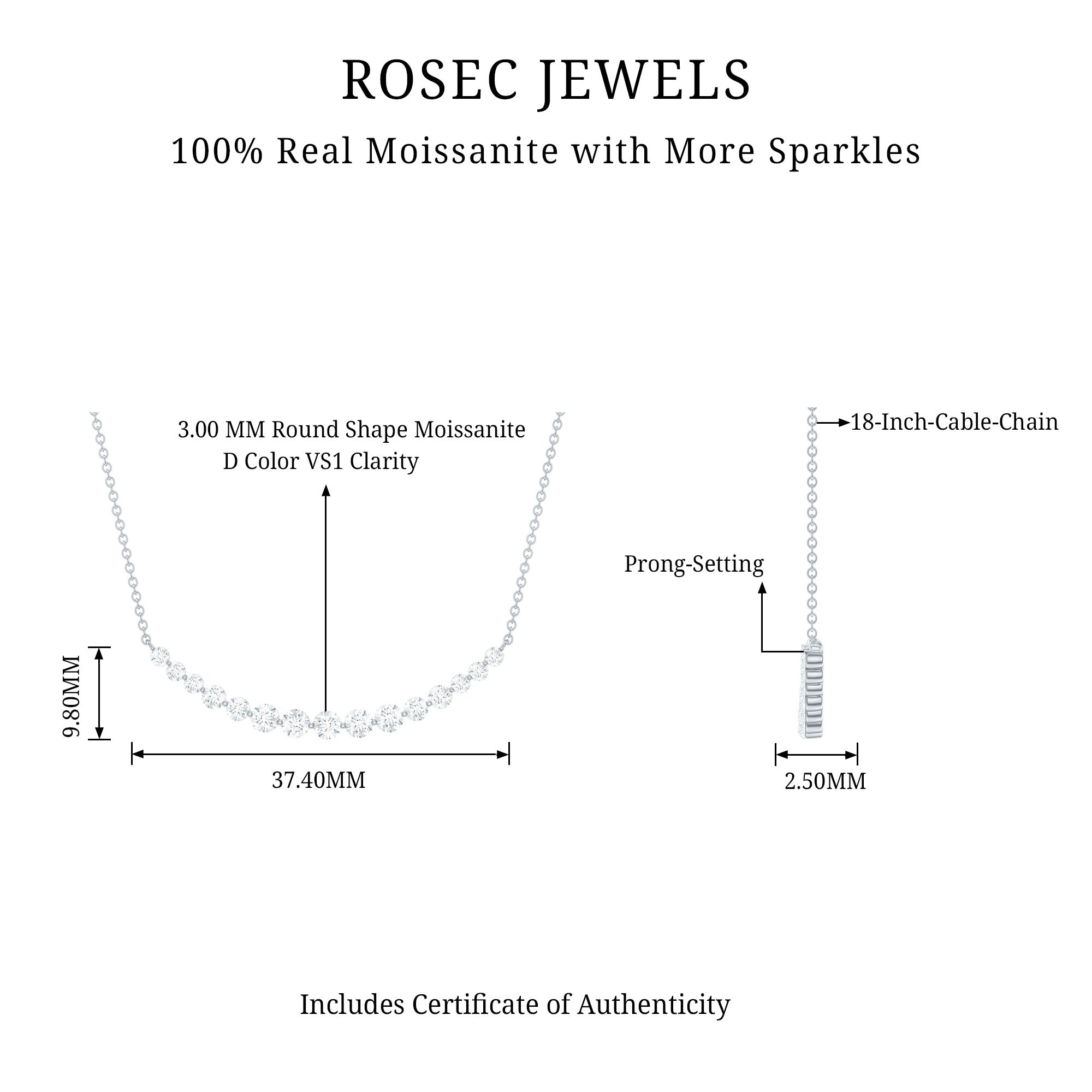 Moissanite Curved Bar Necklace for Women D-VS1 - Rosec Jewels