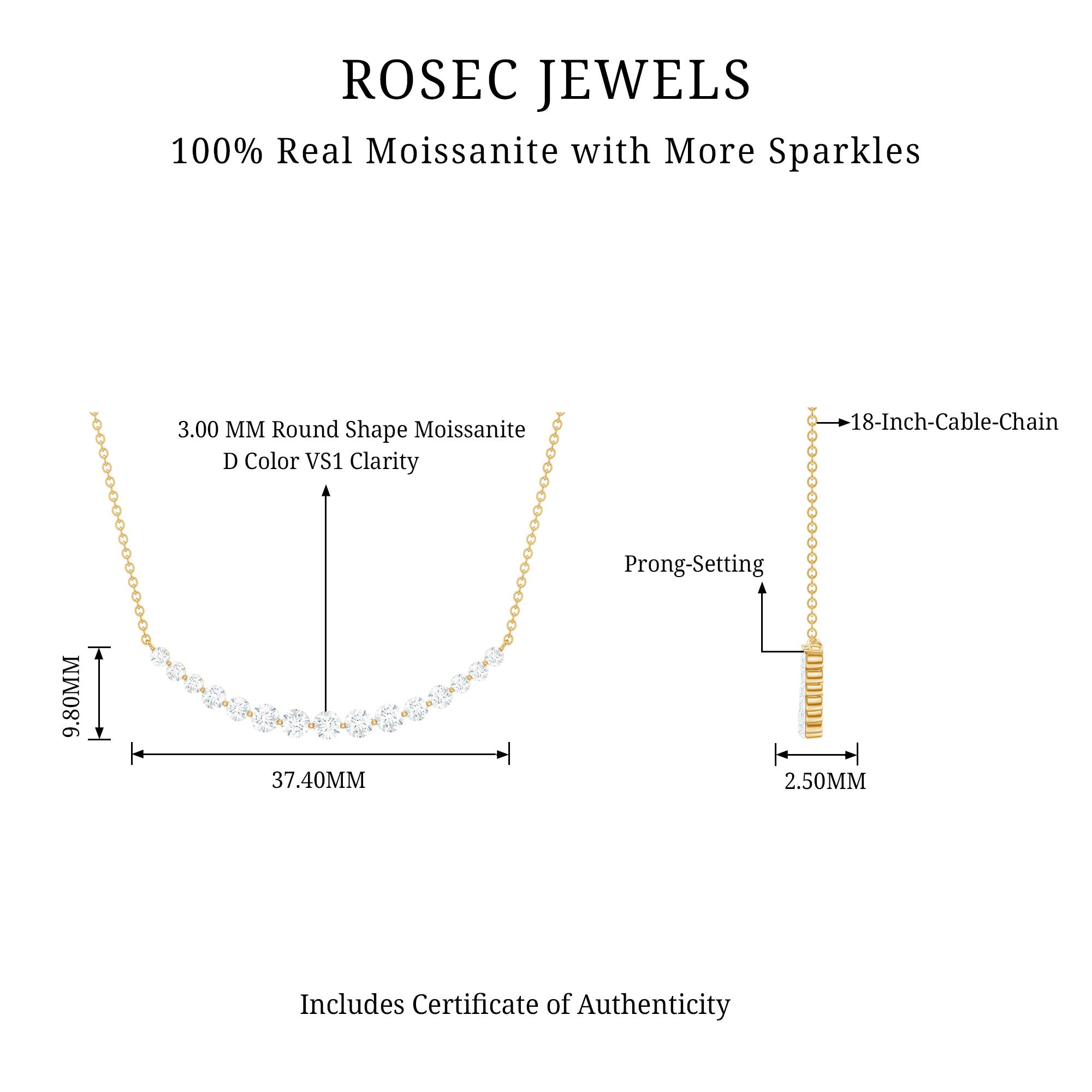 Moissanite Curved Bar Necklace for Women D-VS1 - Rosec Jewels