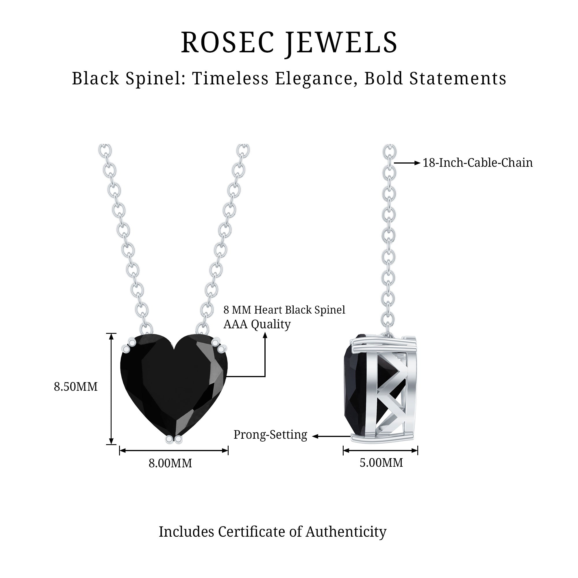8MM Heart Shape Black Spinel Solitaire Necklace in Double Prong Setting AAA - Rosec Jewels