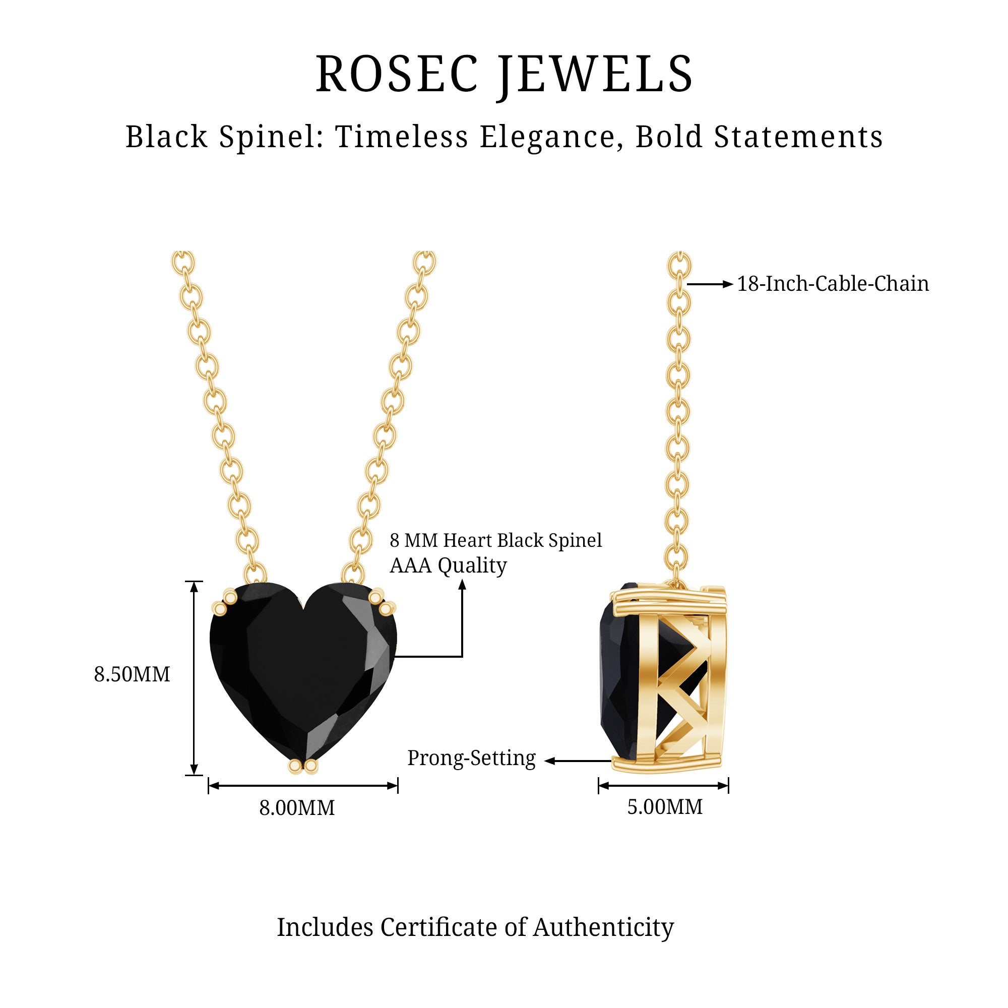 8MM Heart Shape Black Spinel Solitaire Necklace in Double Prong Setting AAA - Rosec Jewels