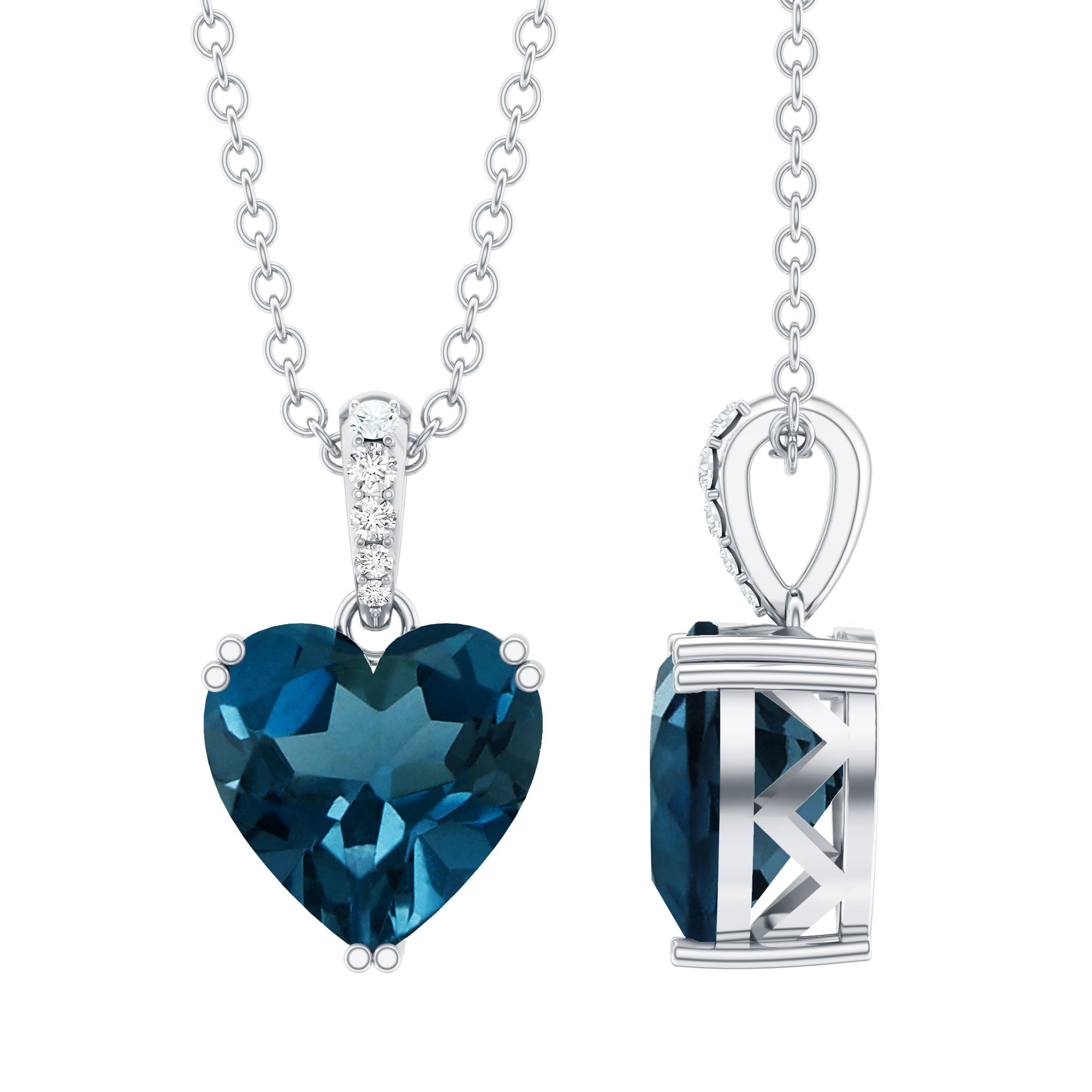 Certified London Blue Topaz 8MM Heart Necklace with Diamond AAA - Rosec Jewels