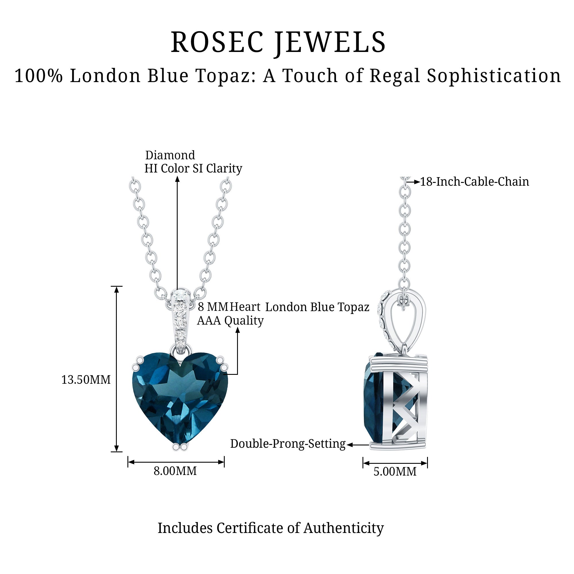 Certified London Blue Topaz 8MM Heart Necklace with Diamond AAA - Rosec Jewels