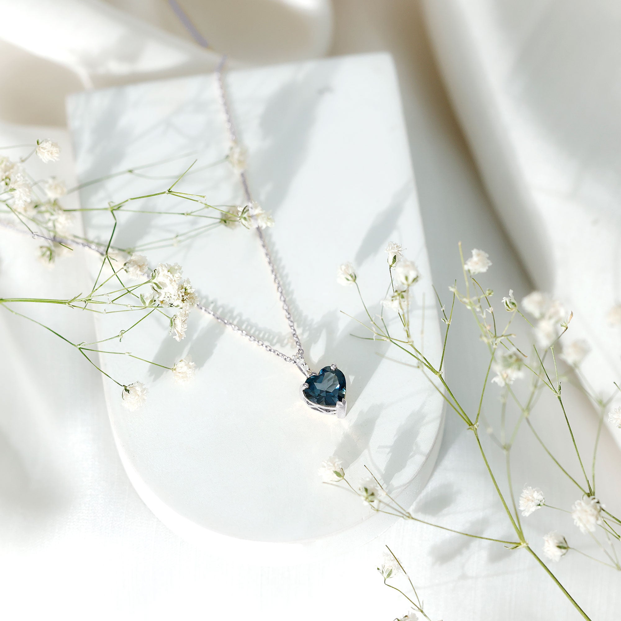 Certified London Blue Topaz 8MM Heart Necklace with Diamond AAA - Rosec Jewels