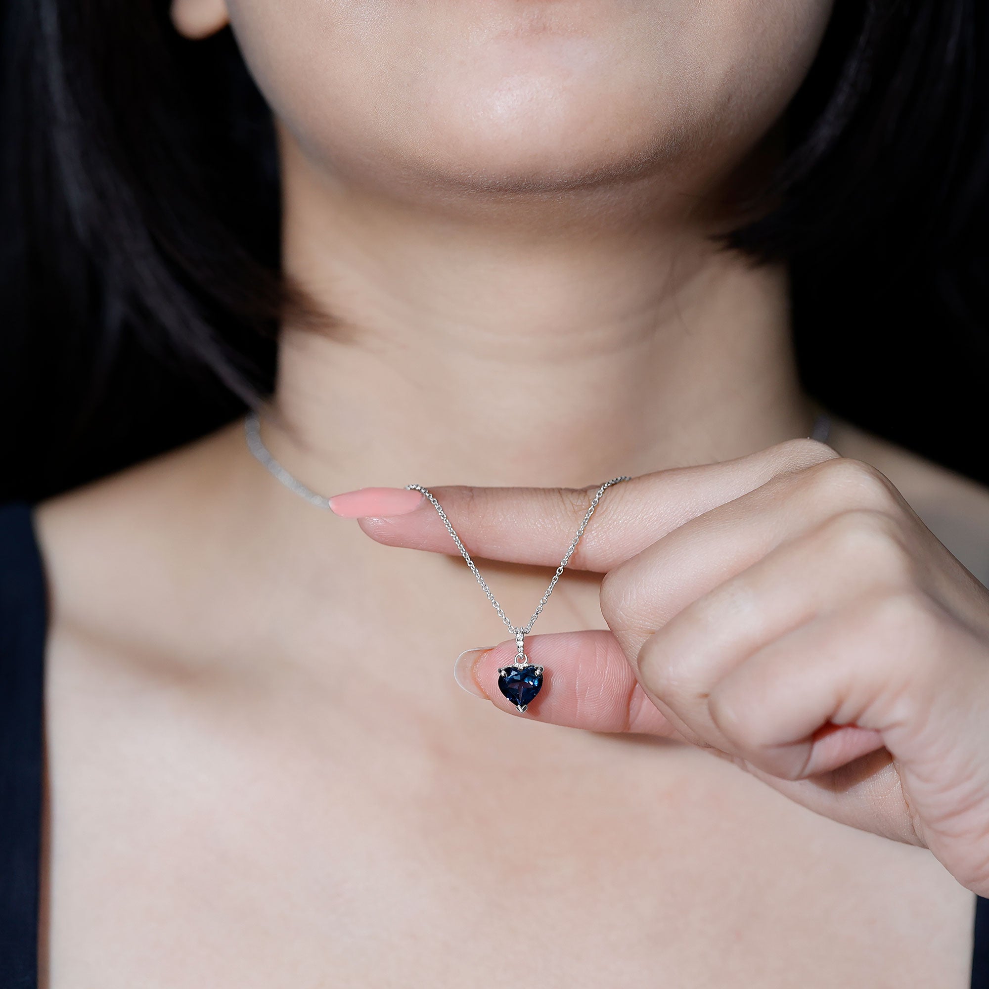 Certified London Blue Topaz 8MM Heart Necklace with Diamond AAA - Rosec Jewels