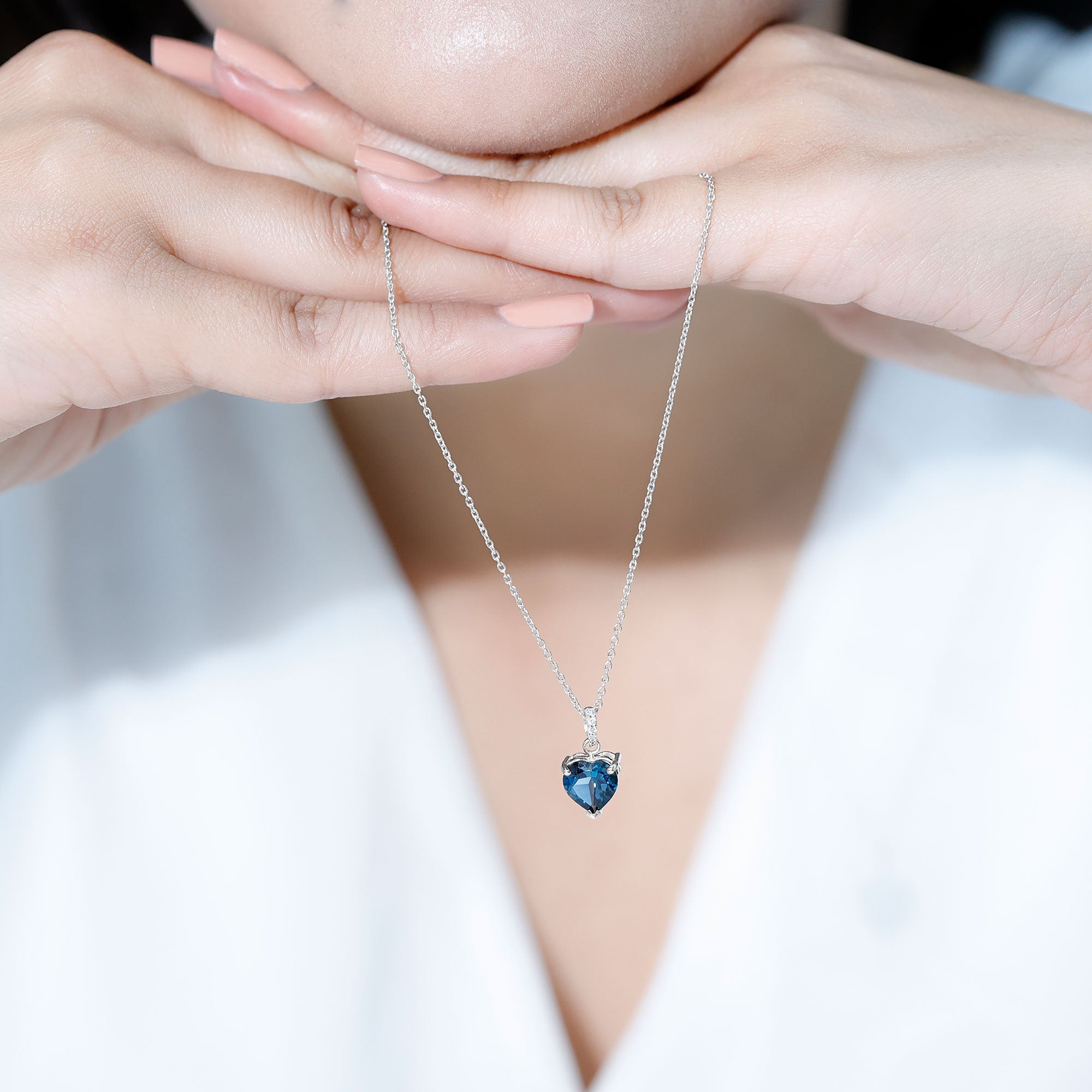 Certified London Blue Topaz 8MM Heart Necklace with Diamond AAA - Rosec Jewels