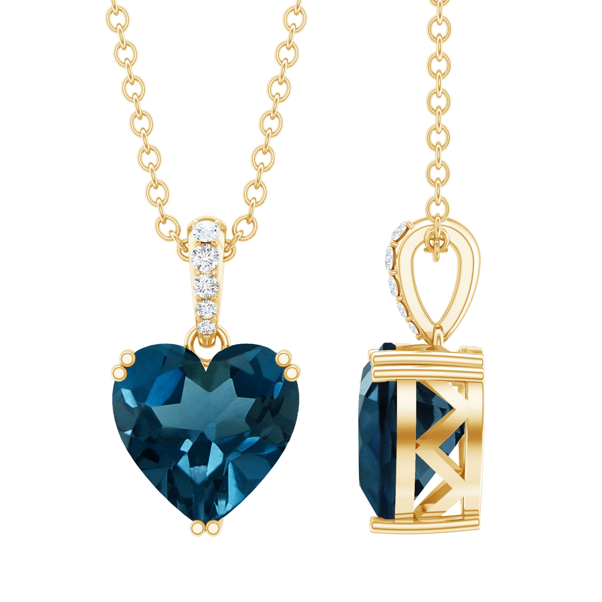 Certified London Blue Topaz 8MM Heart Necklace with Diamond AAA - Rosec Jewels