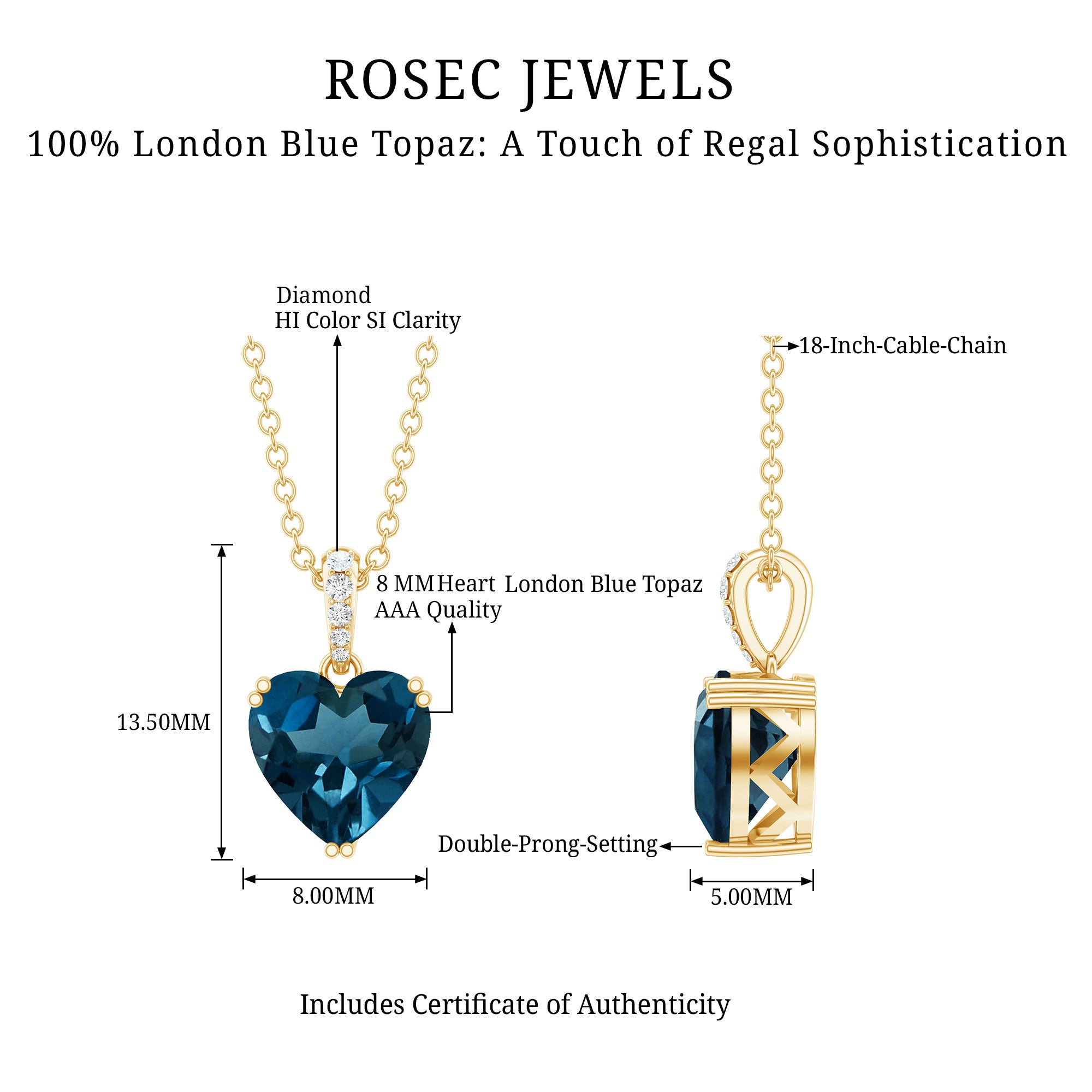 Certified London Blue Topaz 8MM Heart Necklace with Diamond AAA - Rosec Jewels