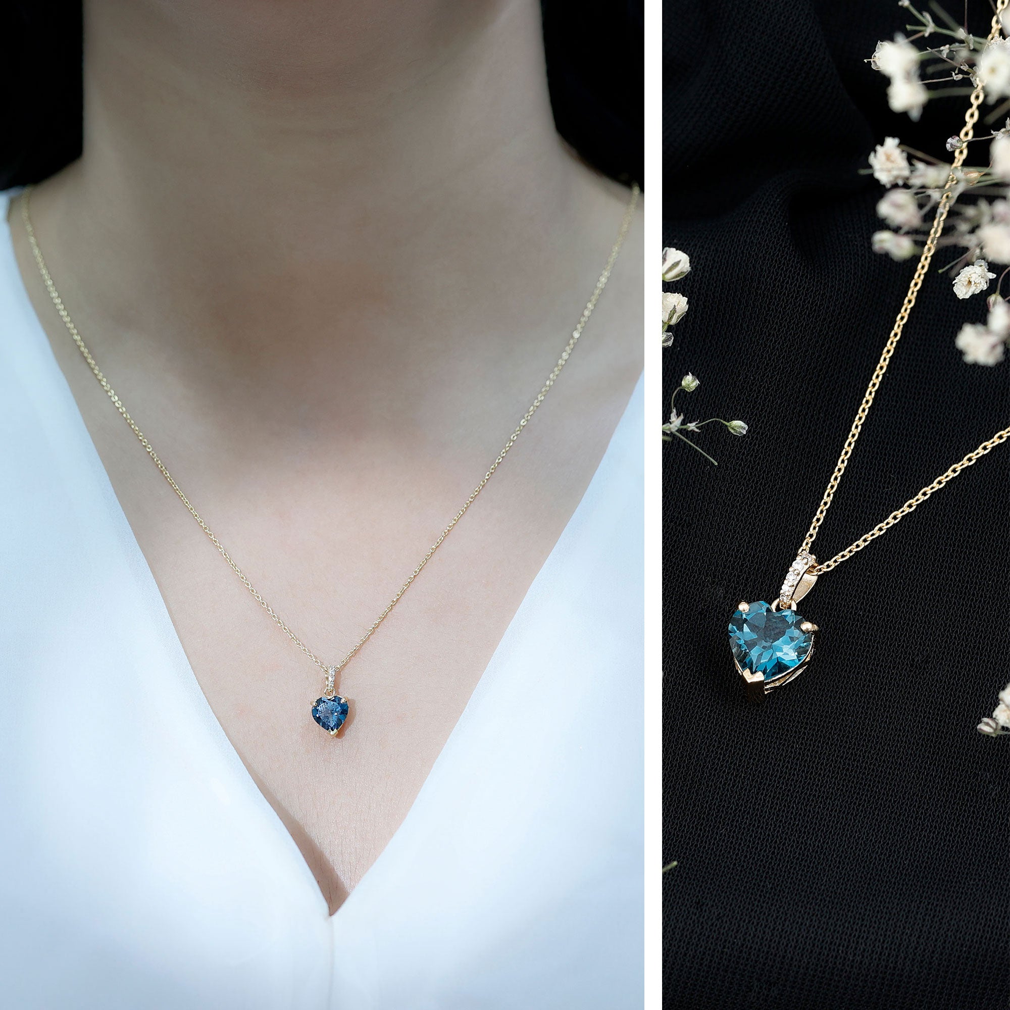 Certified London Blue Topaz 8MM Heart Necklace with Diamond AAA - Rosec Jewels