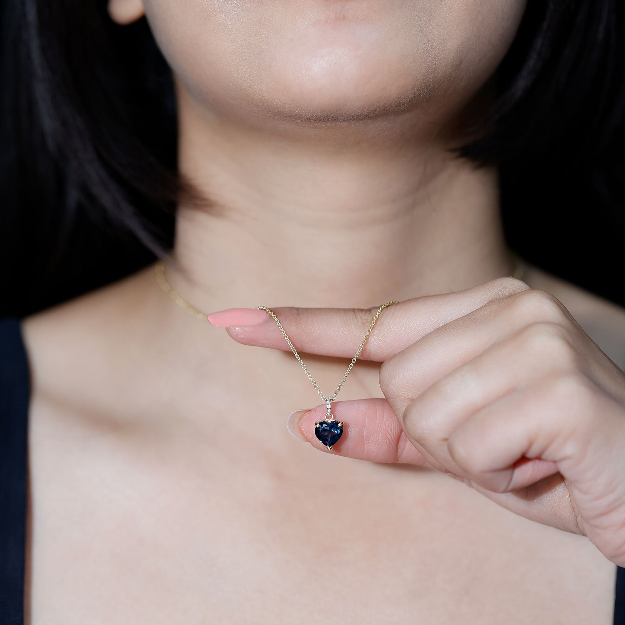 Certified London Blue Topaz 8MM Heart Necklace with Diamond AAA - Rosec Jewels