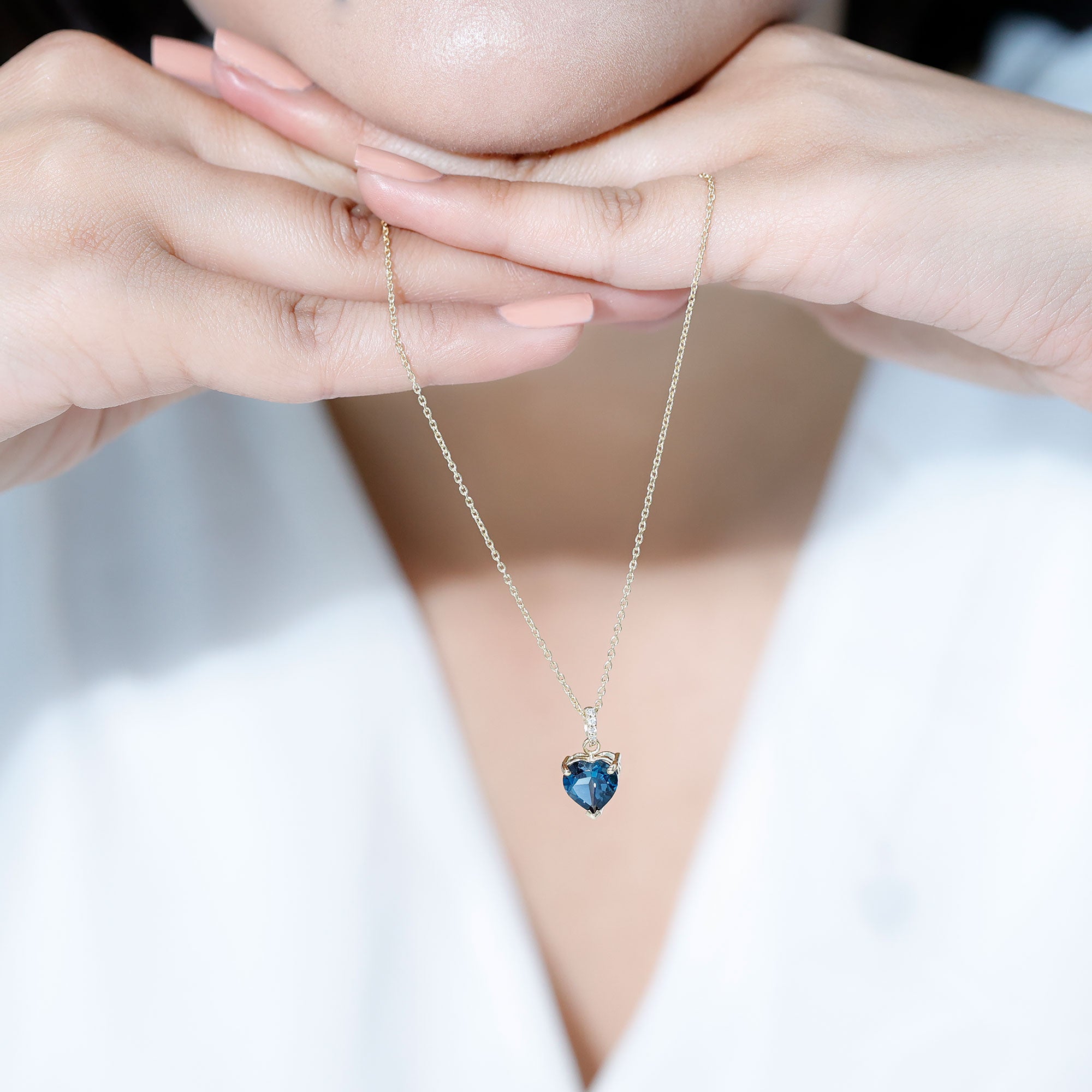 Certified London Blue Topaz 8MM Heart Necklace with Diamond AAA - Rosec Jewels