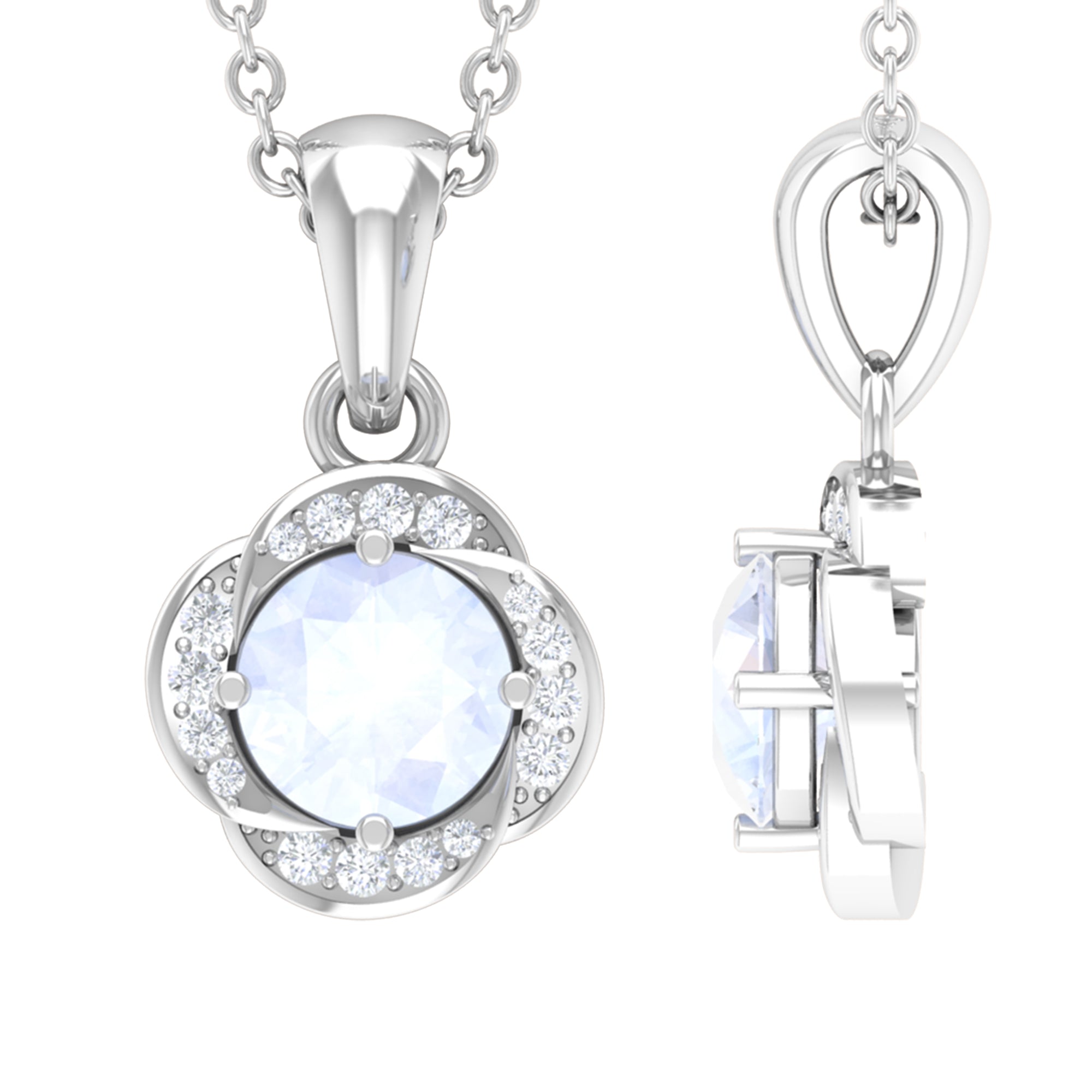 Collier pendentif fleur solitaire en pierre de lune et diamant 1/4 CT