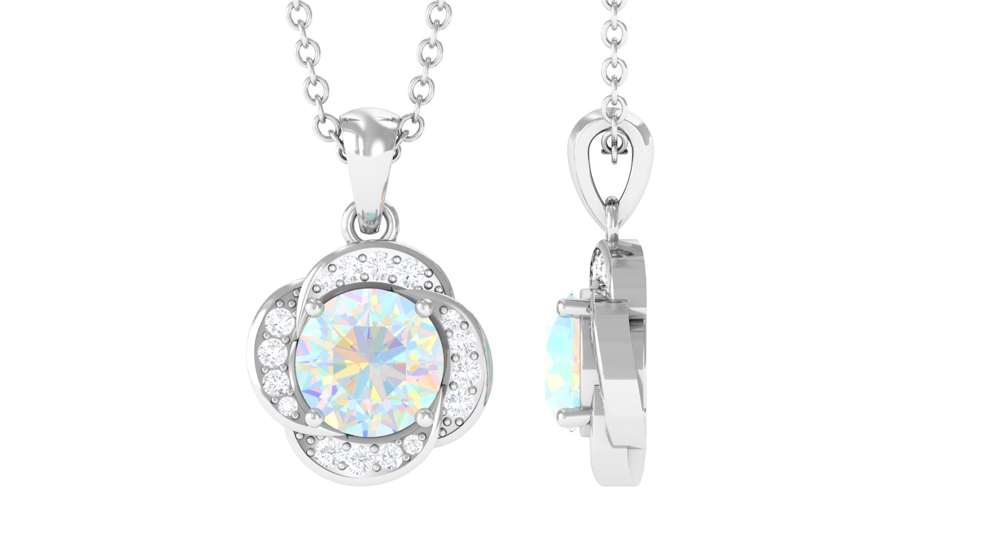 5 MM Round Shape Ethiopian Opal and Diamond Floral Pendant