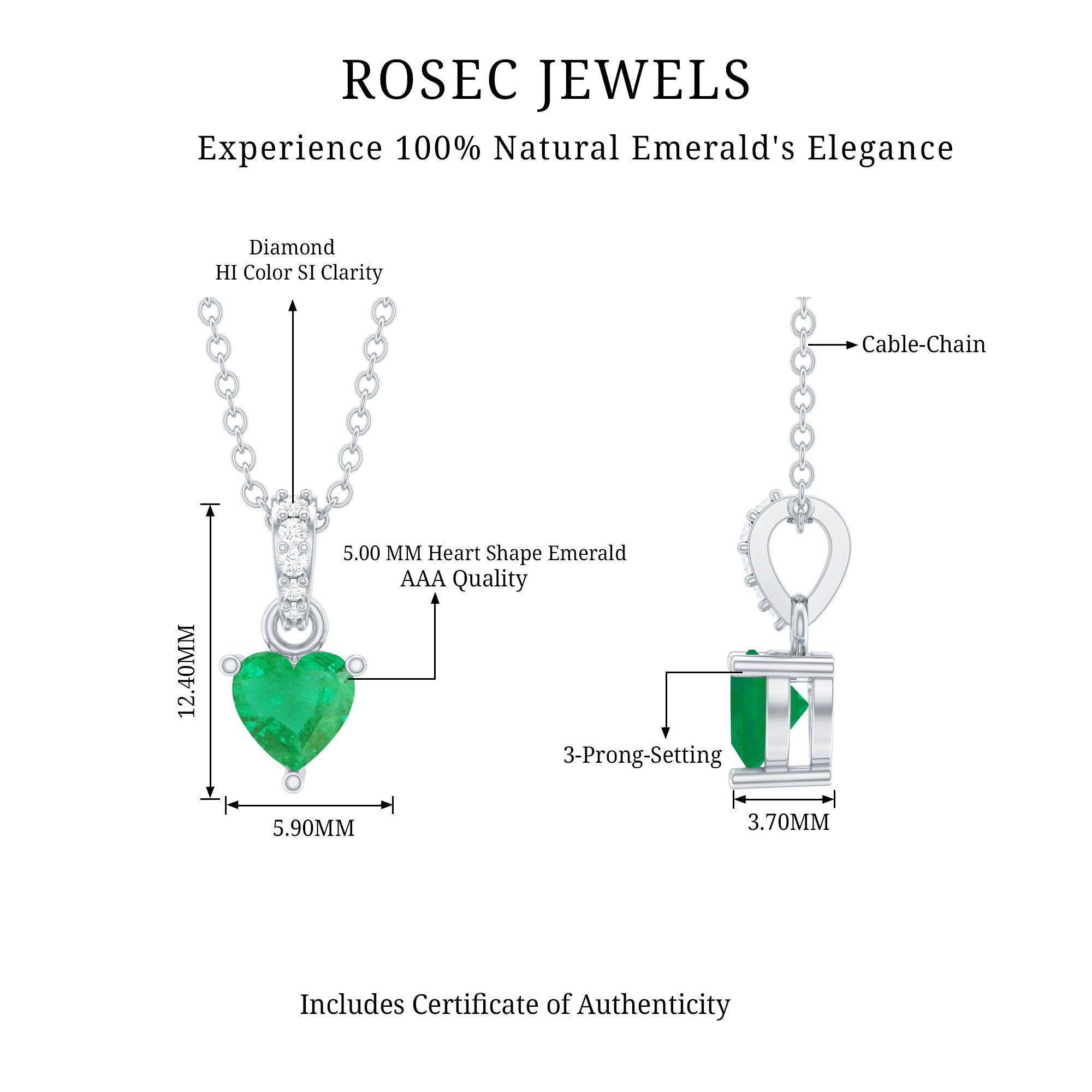 Heart Shape Emerald Promise Necklace with Diamond Accent Bail AAA - Rosec Jewels