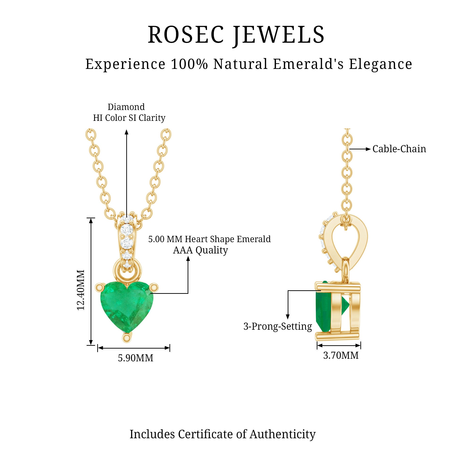 Heart Shape Emerald Promise Necklace with Diamond Accent Bail AAA - Rosec Jewels