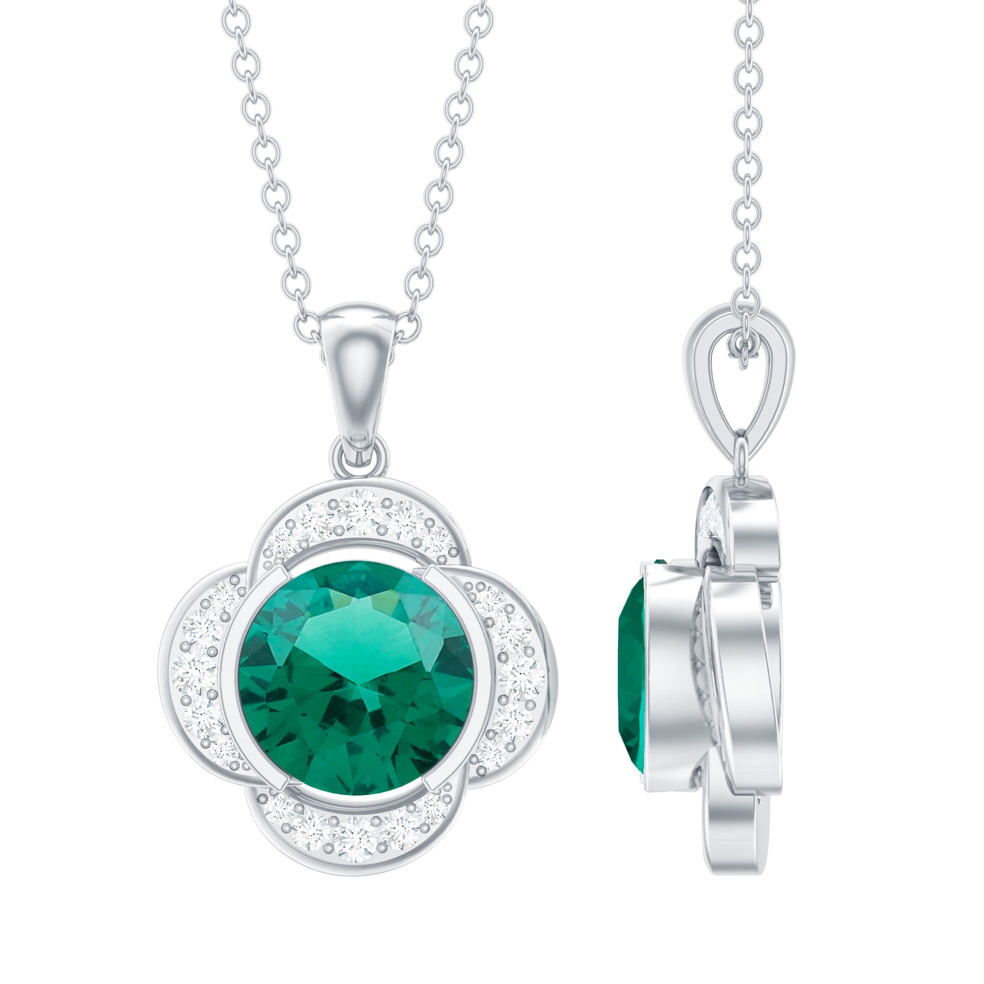 Lab Grown Emerald and Diamond Flower Necklace For Her