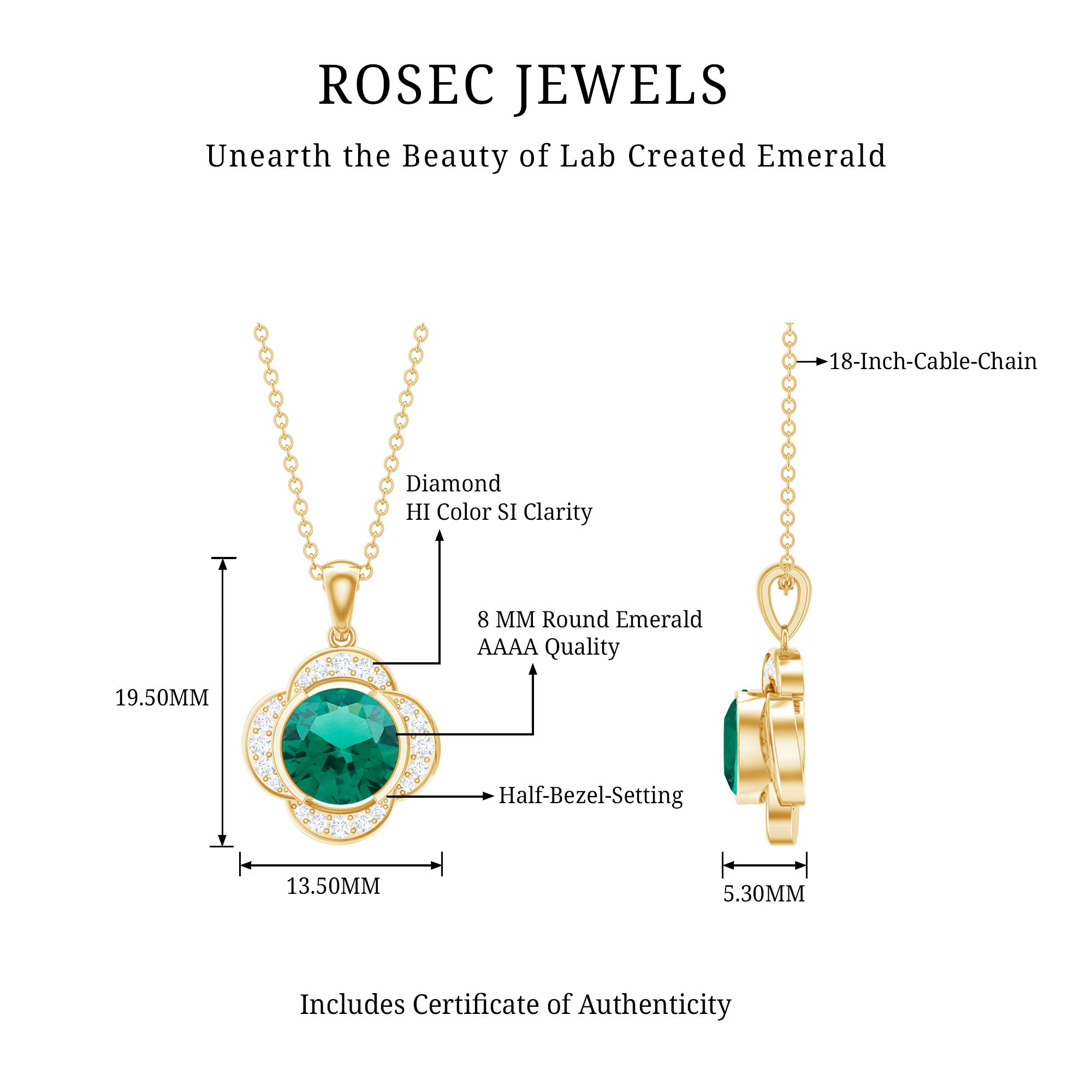 2 CT Lab Grown Emerald and Diamond Flower Necklace AAAA - Rosec Jewels