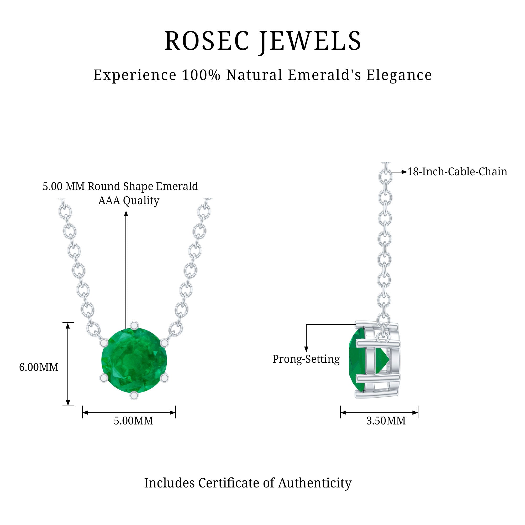 5MM Round Cut Solitaire Emerald Necklace in 6 Prong Setting AAA - Rosec Jewels